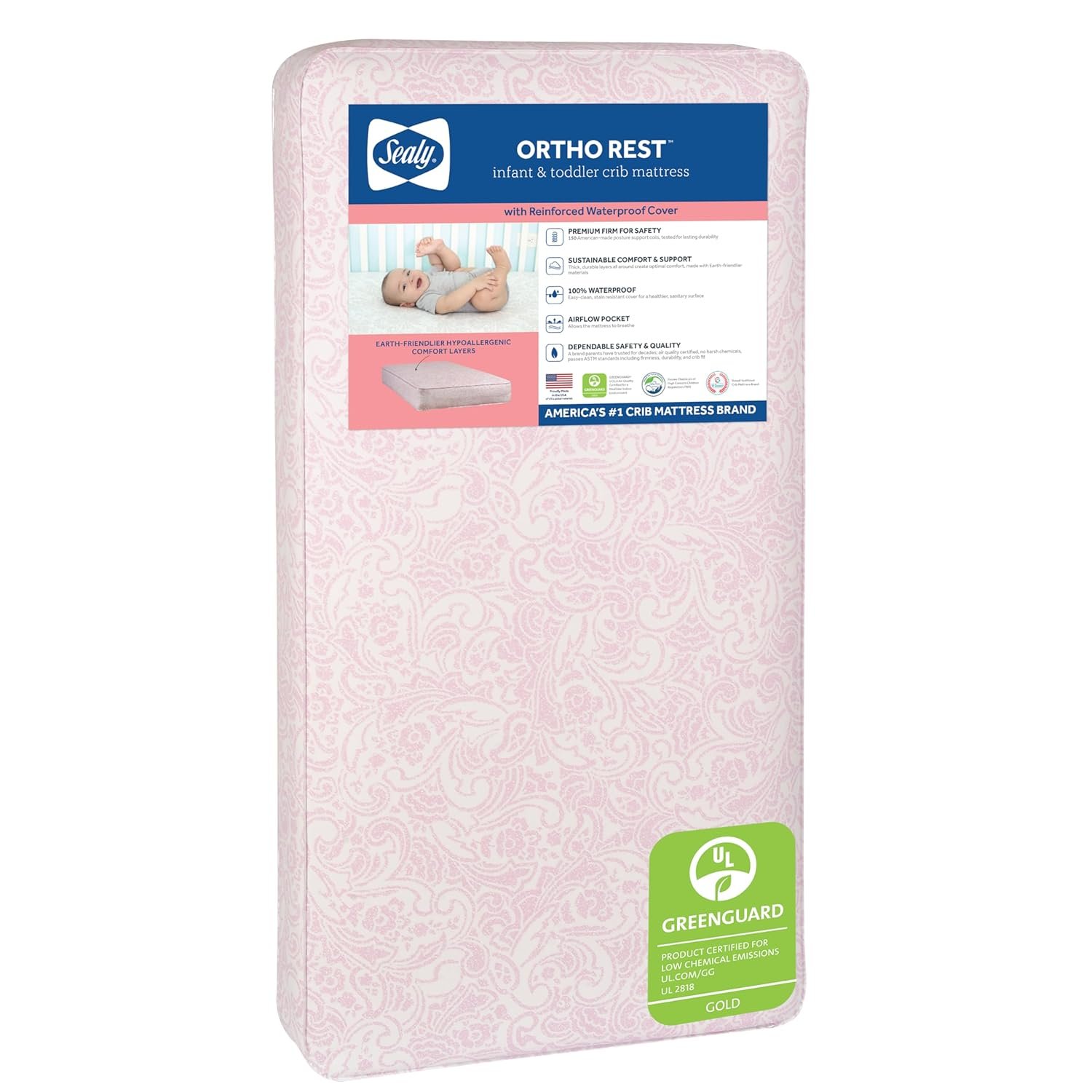 Sealy Baby Ortho Rest Waterproof Crib Mattress plus Toddler Bed Fit, 150 Extra Firm Coils, Orthopedic Comfort, GREENGUARD Gold Certified, Safety & Quality Tested, Made in USA, 52″X28″ – Pink