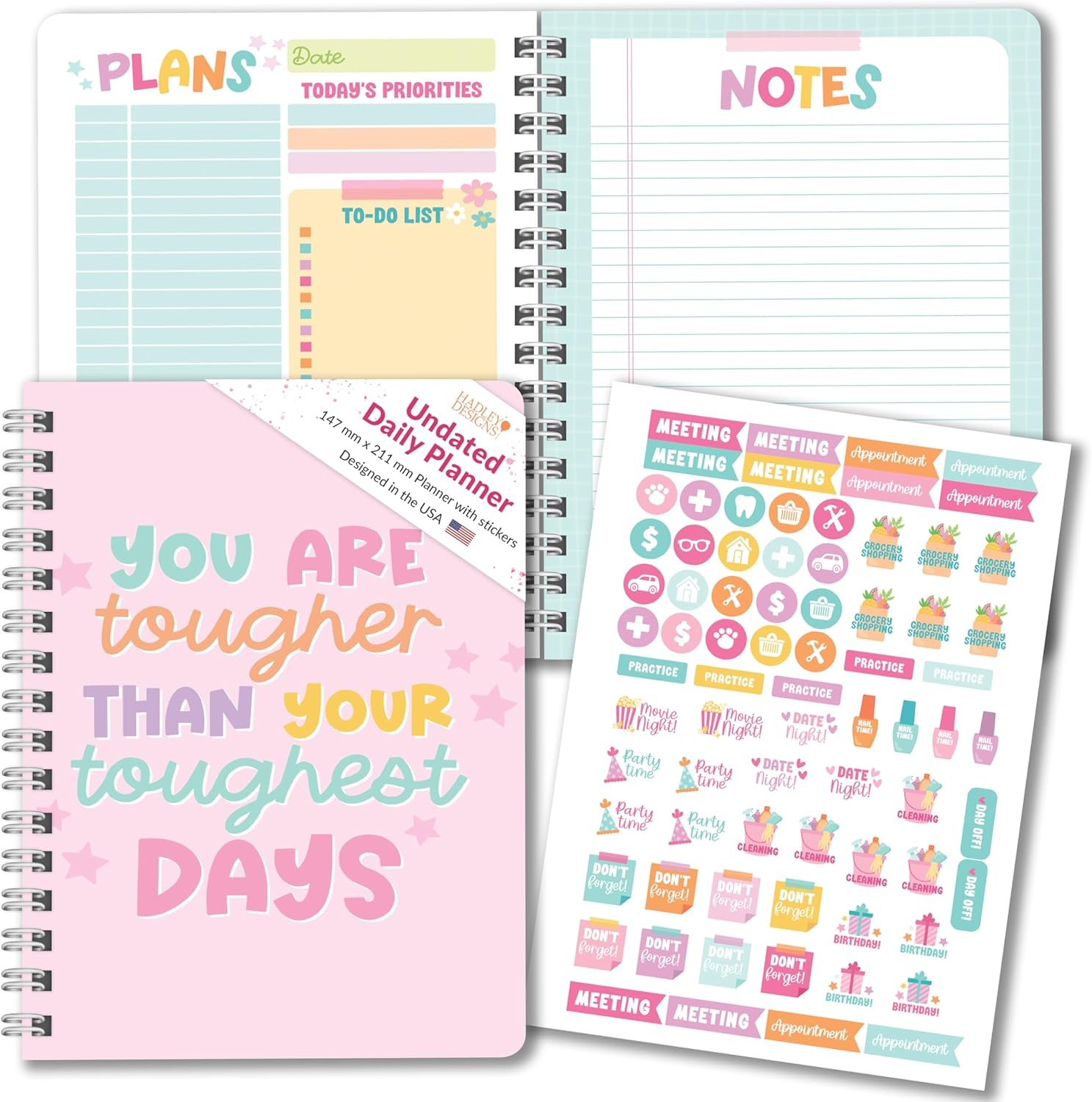 Hadley Designs Daily Planner Undated – Undated Daily Planner with Hourly Schedule, To Do List Notebook for Work, Day Planners for Kids & Adults, Teacher Supplies, Teacher Graduation Gifts