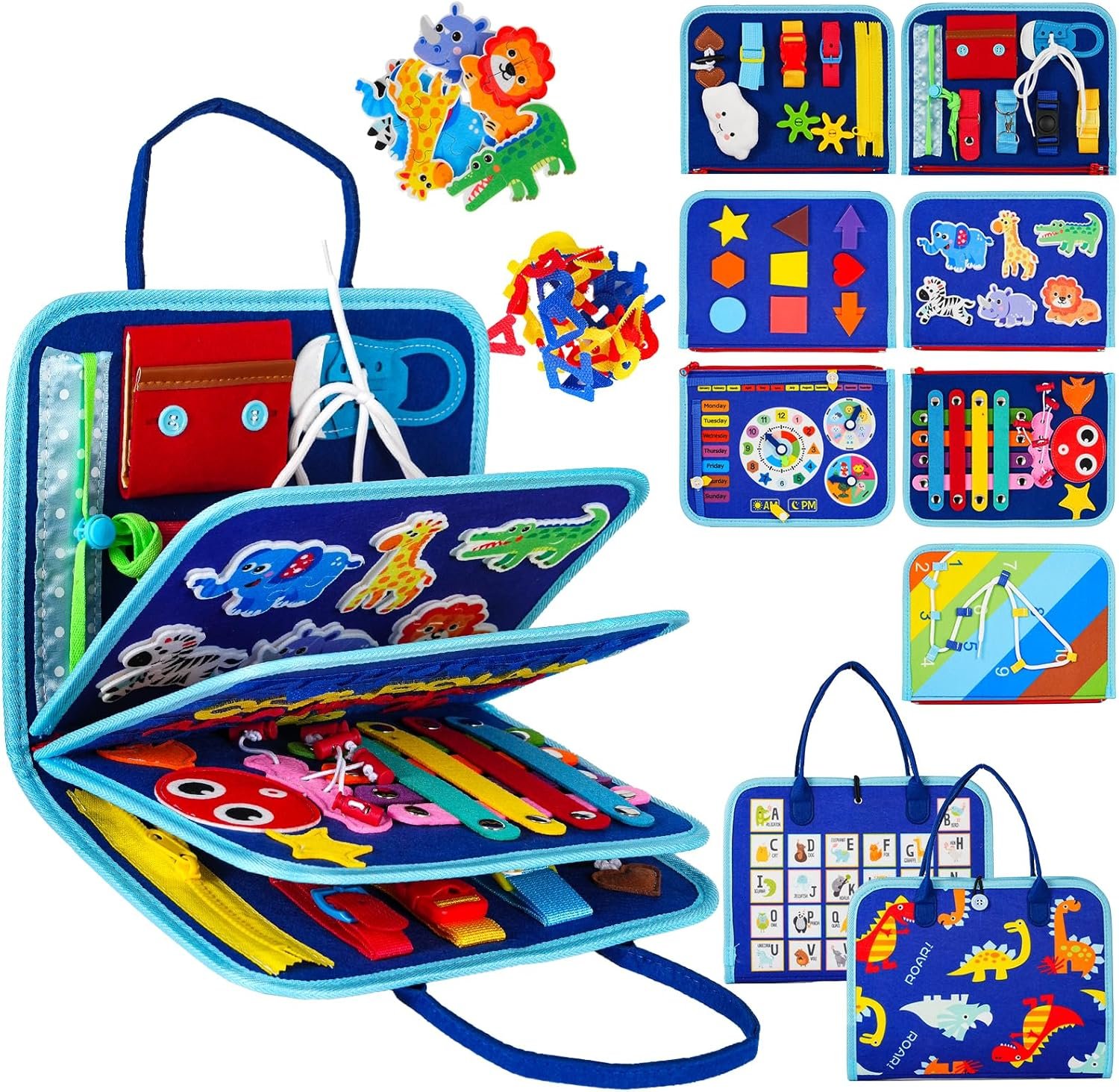 Montessori Busy Board for Toddlers – Sensory Busy Book with Buckles, Zippers, Letters, Animals, Toddler Activities – Fine Motor Skills Development Learning for Boys Girls Travel Activity