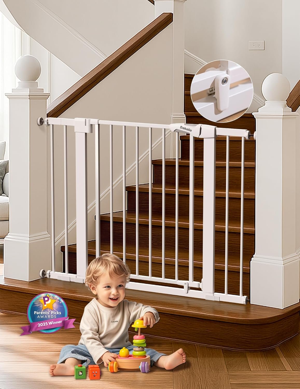 Babelio 29-43″ Magnetic Baby Gate for Stairs,Doorways House,Kitchen,30″ Tall Pet Door with Baffles,Pressure Mounted & Dual-Lock Design Safety for Kids Toddler,Auto-Close/Hold-Open,White