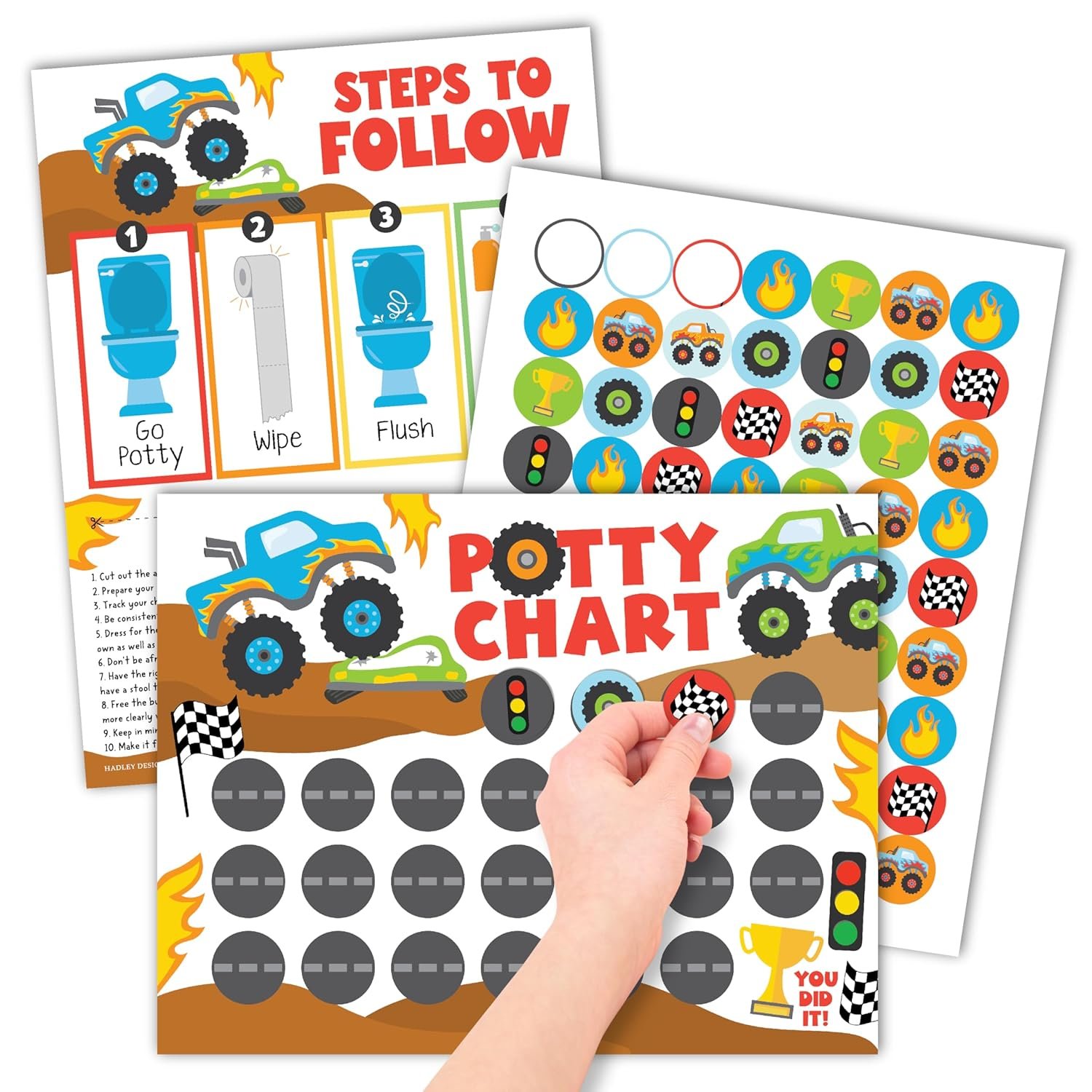 Hadley Designs Potty Training Chart for Toddlers Boys -10 Sticker Potty Chart for Toddlers Boys, 8.5×11″ Potty Training Sticker Charts for Toilet Success, Monster Truck Toddler Reward Chart for Kids