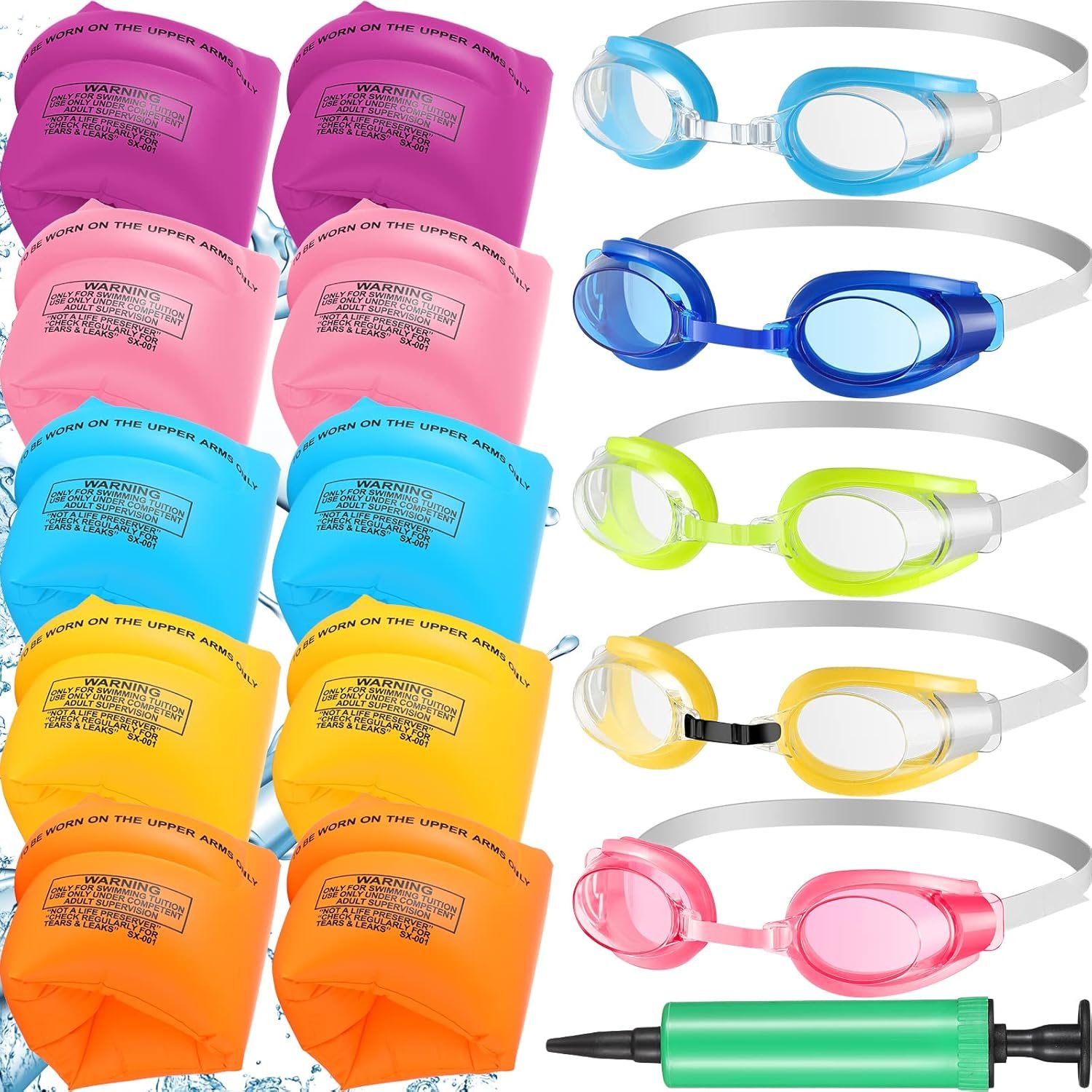 Junkin 5 Pairs Arm Floaties for Kids 5 Pairs Children Swim Goggles Toddler Inflatable Floaters Anti Fog Swimming Goggles PVC Adult Kids Floaties for Pool with Pump for Swimming Training