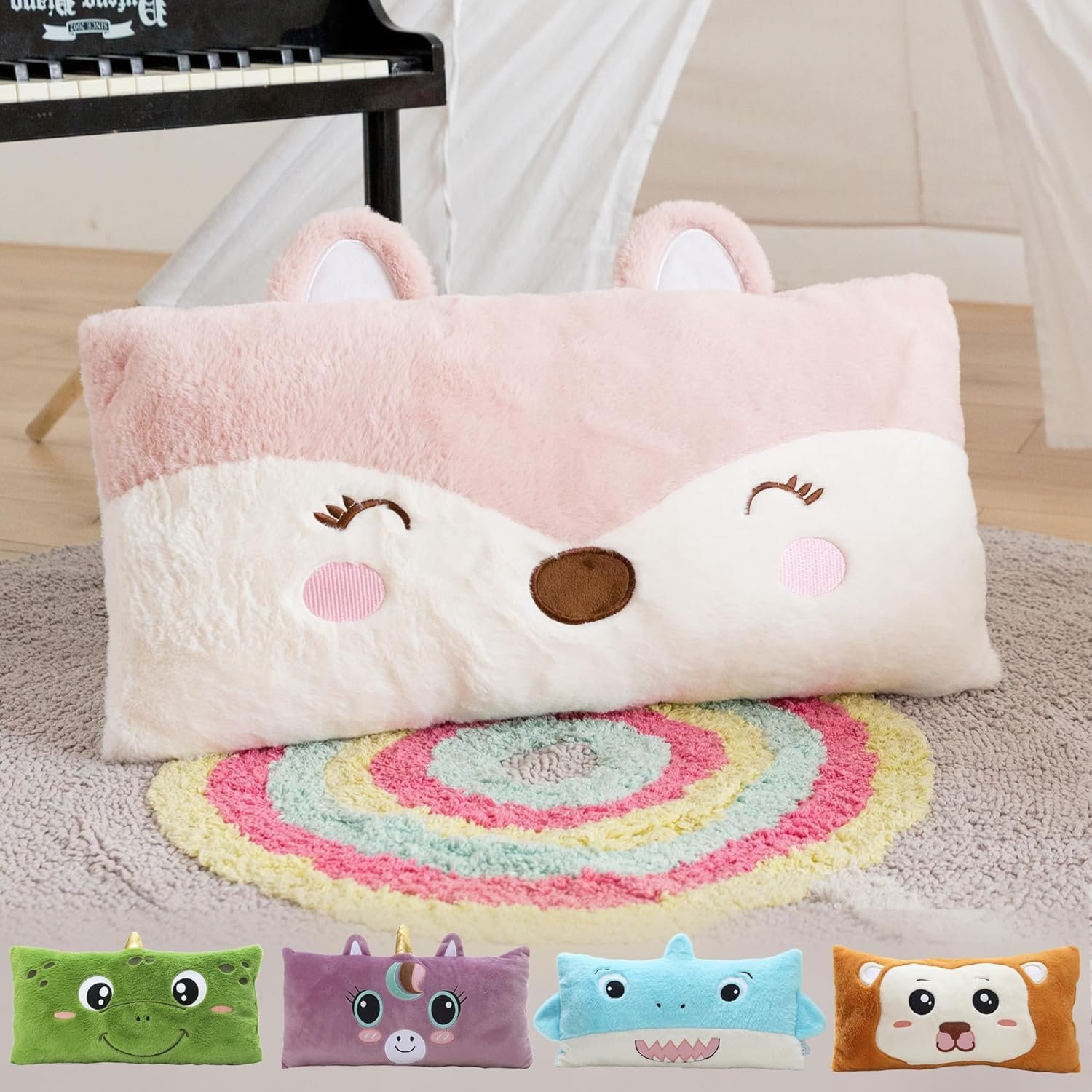 Snugtown Stuffed Animal Lumbar Pillow, Super Soft Plush Cuddle Throw Pillow for Kids, Cute Fox Shaped Pillow, 12 x 24 Inches, Pink, Ivory