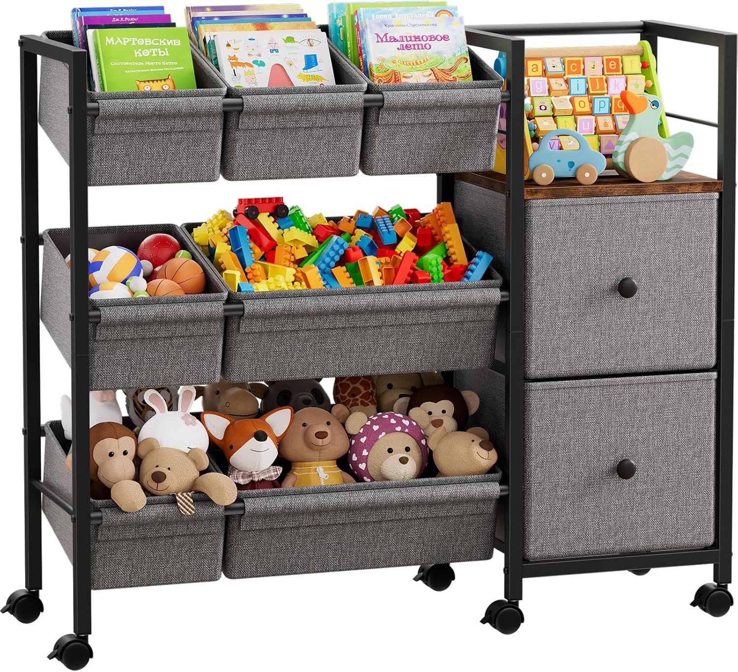 Modanais Kids Toy Organizers and Storage Bins – 7 Storage Bins + 2 Fabric Drawers + 1 Bookshelf, Playroom Storage, Mobile Cart Organizer for Toy, Clothes, Blankets and Books – Black