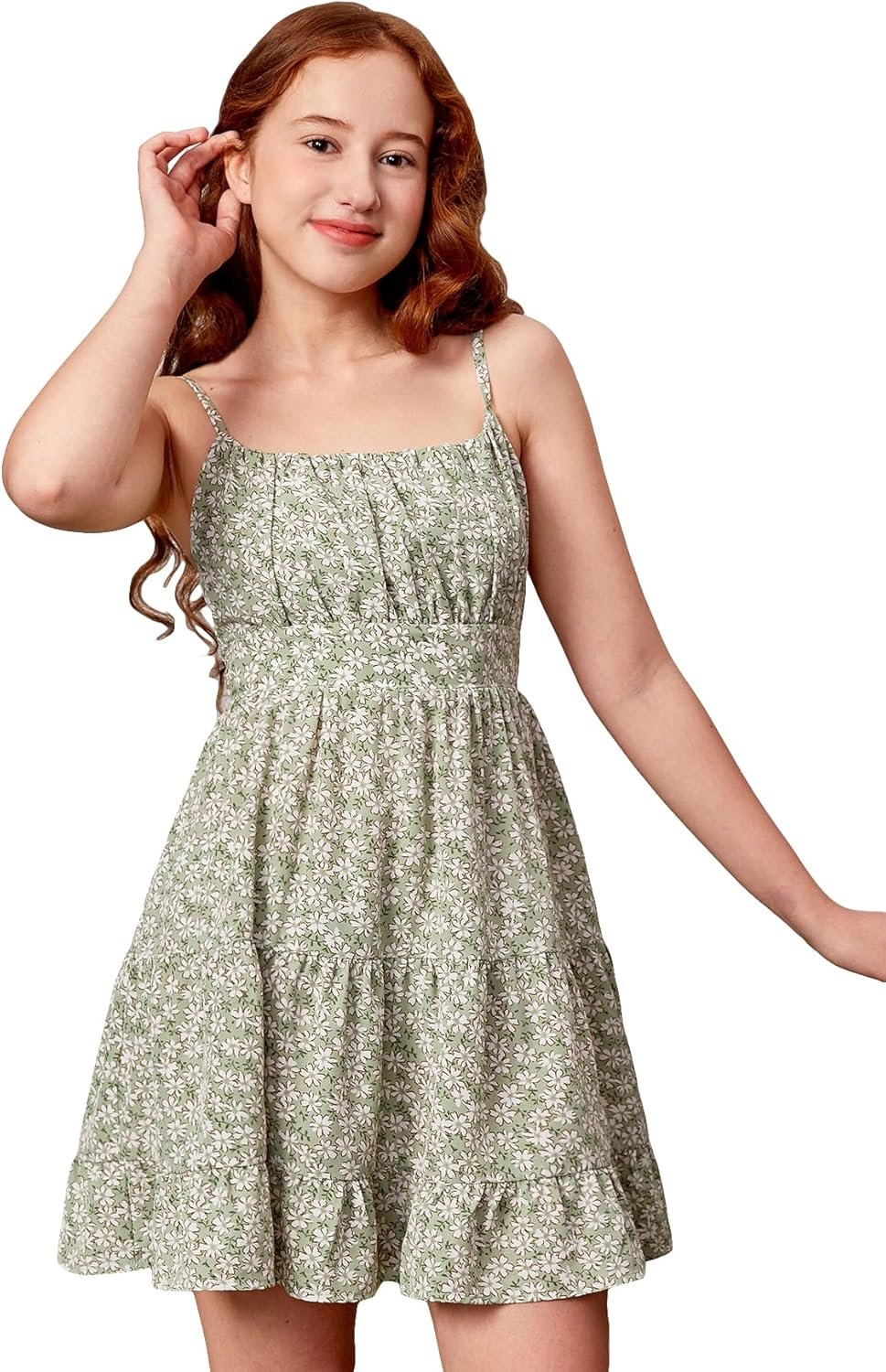 COZYEASE Girls’ Floral Print Ruched Bust Ruffle Hem Sleeveless High Waist Cami Dress Boho Short Dresses