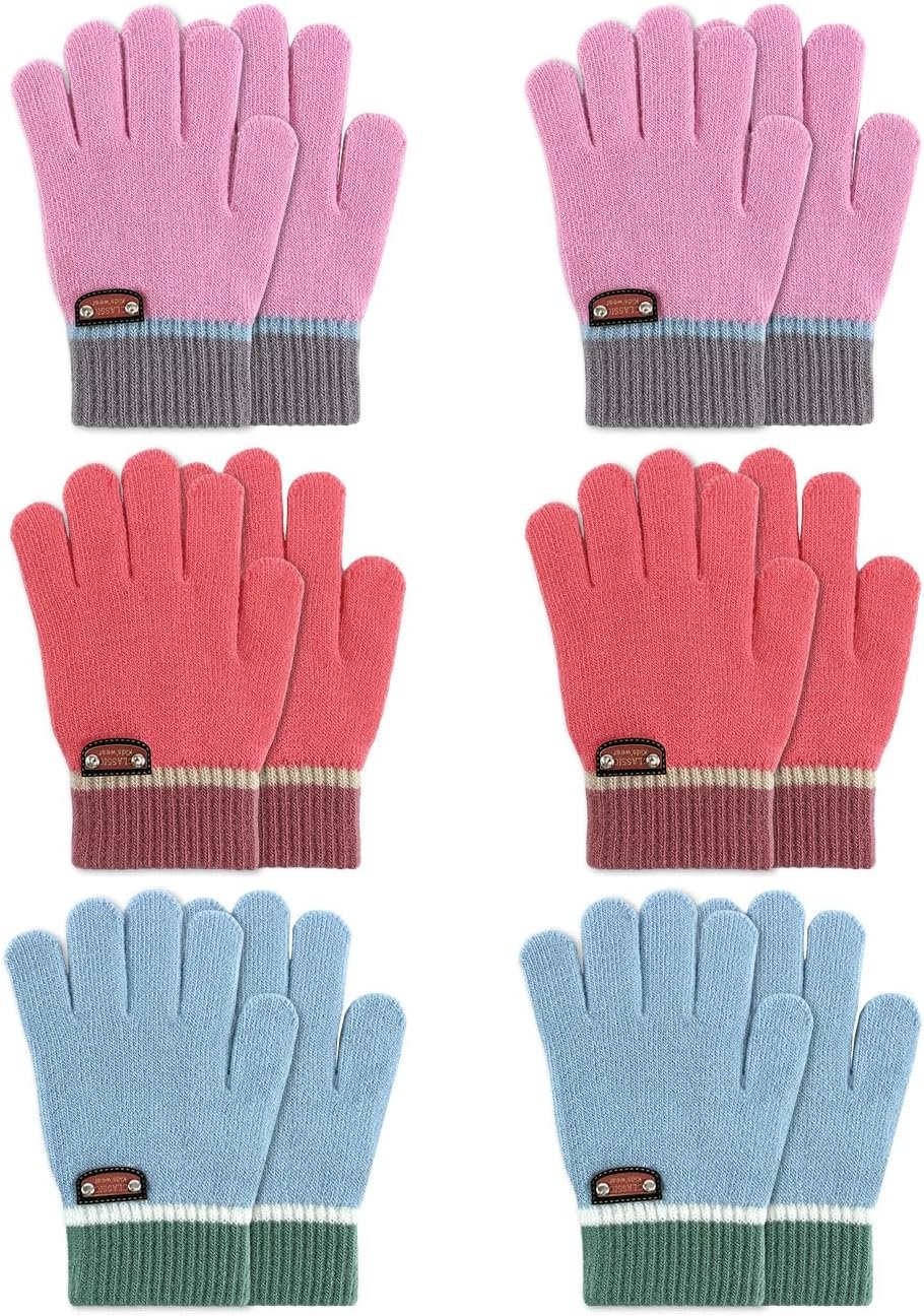 6 Pairs of Kids Gloves Knitted Wool Gloves Children Full Fingers Stretchy Warm Mittens for Boys Girls