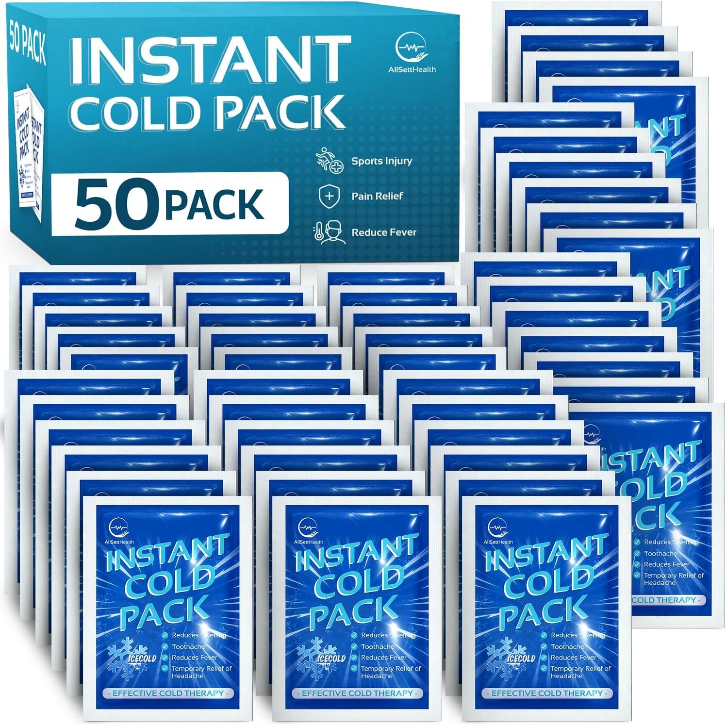 50 Pack Instant Ice Cold Pack (6” x 4.5”) – Disposable Instant Ice Packs for Injuries | Cold Compress Ice Pack for Pain Relief