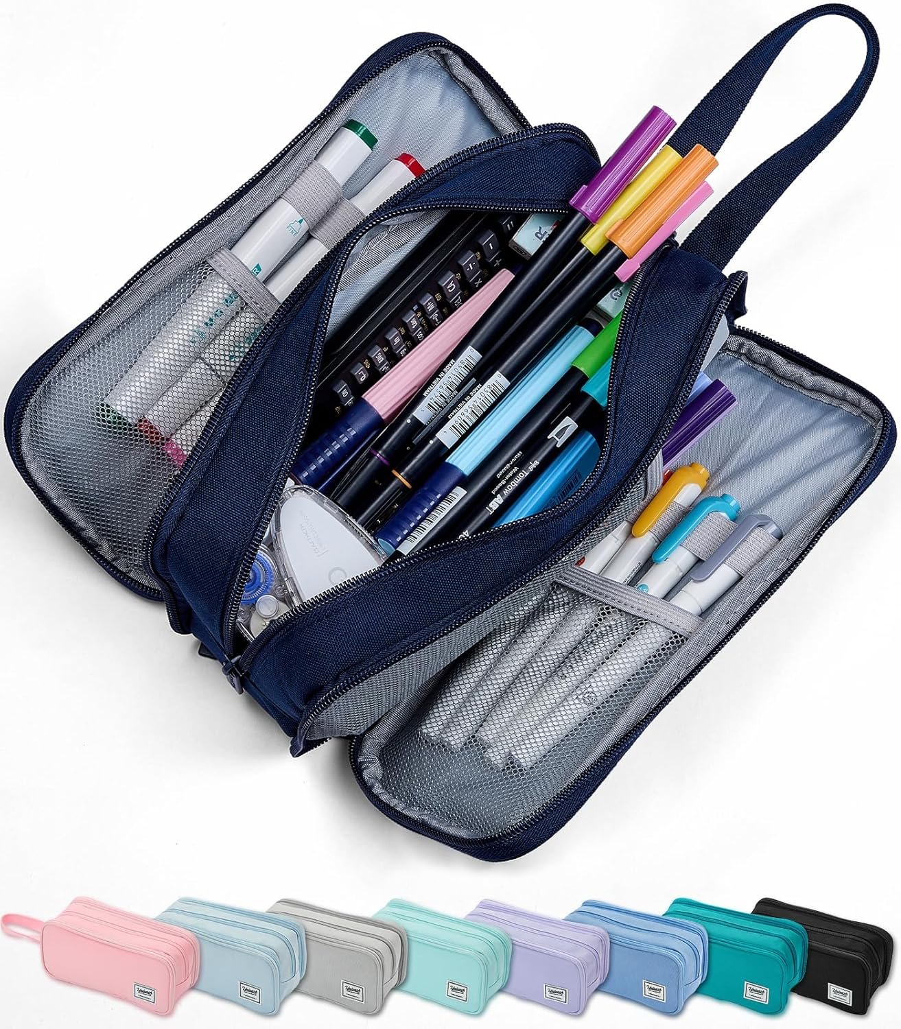 SPACEMATE Pencil Case Pouch Box Bag School Supplies Girls Boys Kids, Cute Preppy Stuff Big Capacity Aesthetic Pen Organizer, Back to College Stationary, Navy Blue, Extra Large Style, 2300ml