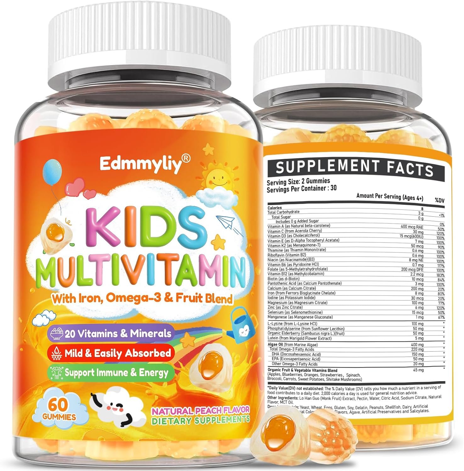 Kids Multivitamin Gummies – Vitamins A D3 K2, Methylated B-Complex with Omega-3, Iron for Immune & Development Support – Organic Mixed-Berry Flavor Multivitamins for Kids Daily – Sugar Free & Vegan