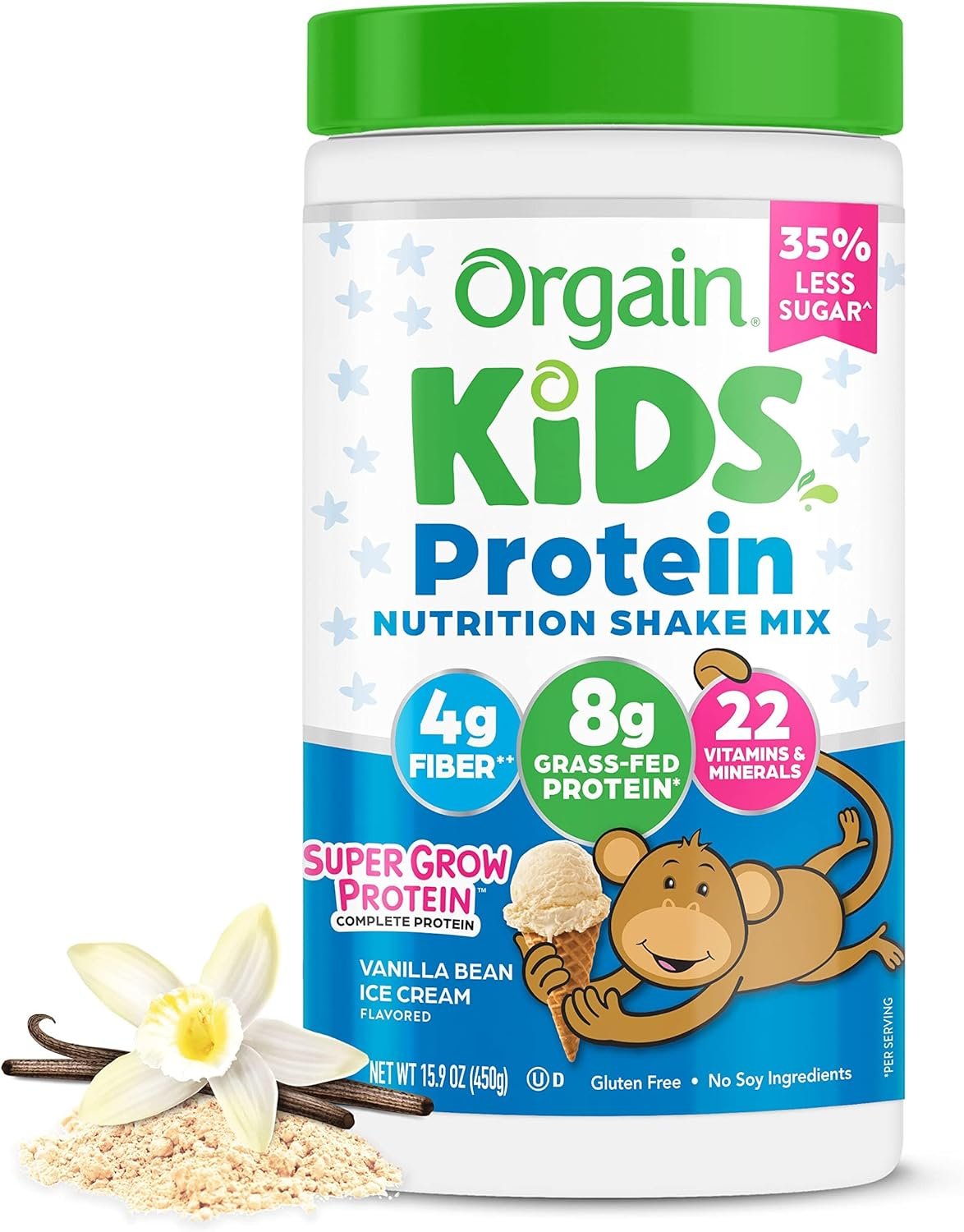 Orgain Kids Protein Powder Shake Mix, Vanilla Bean Ice Cream – 8g Grass-Fed Dairy Protein, 4g Fiber, 22 Vitamins & Minerals, Gluten Free, No Soy Ingredients, Adds Healthy Nutrients to Kids Snacks, 1lb