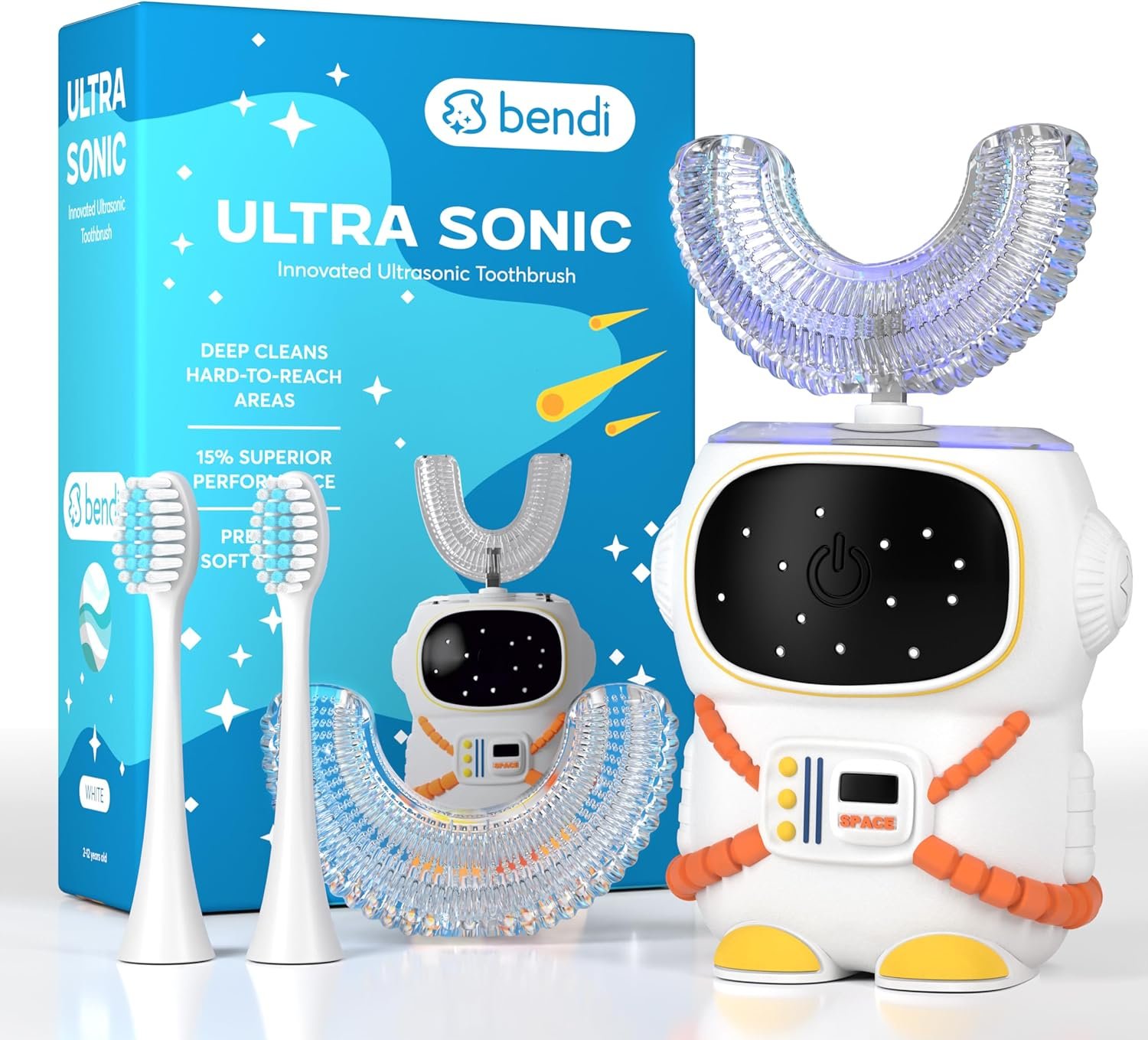 Sensory 360 Round U-Shaped Astronaut Design Mouthguard Electric Toothbrush for Kids Ages 2-7 – Automatic Memory Function – 5 Modes Toothbrush with Multiple Heads – Kids Travel Essentials (White)