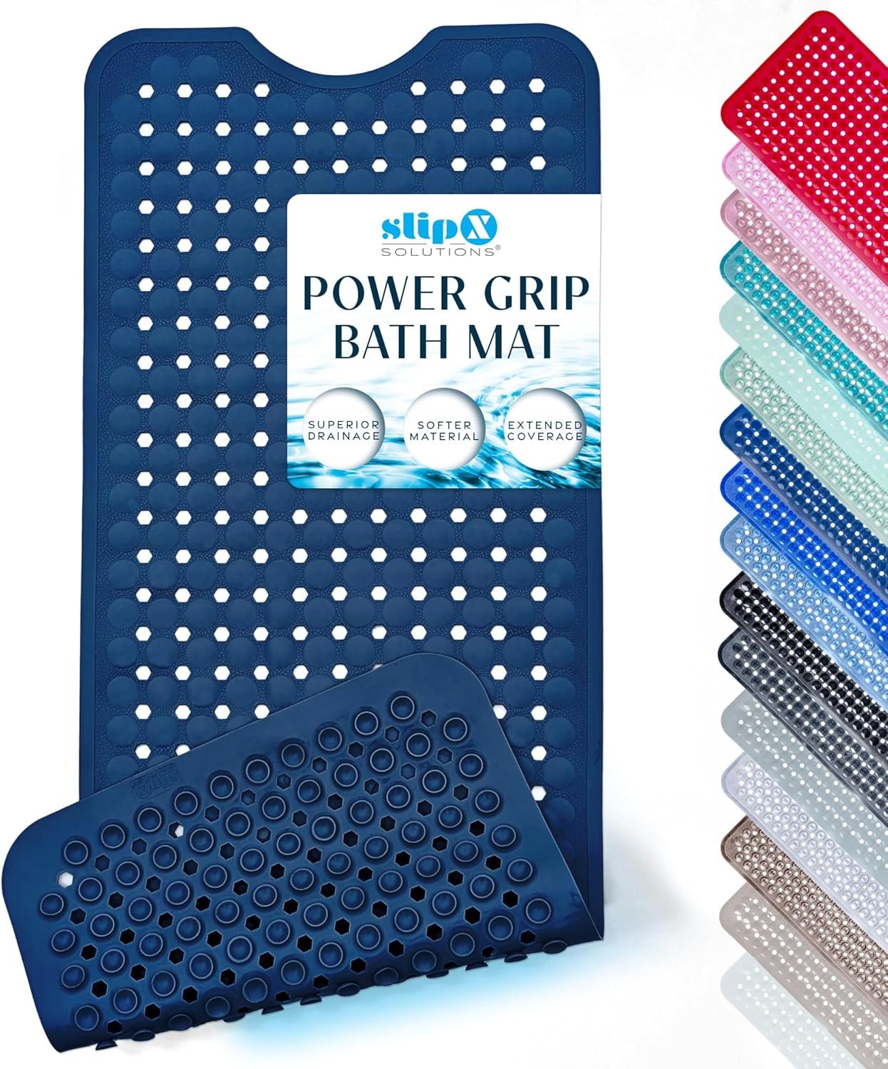 SlipX Solutions Power Grip Bathtub Safety Mat | Precision Grip Technology for Longer, Stronger, & Softer Wet Surface Protection | Navy 39″x16″