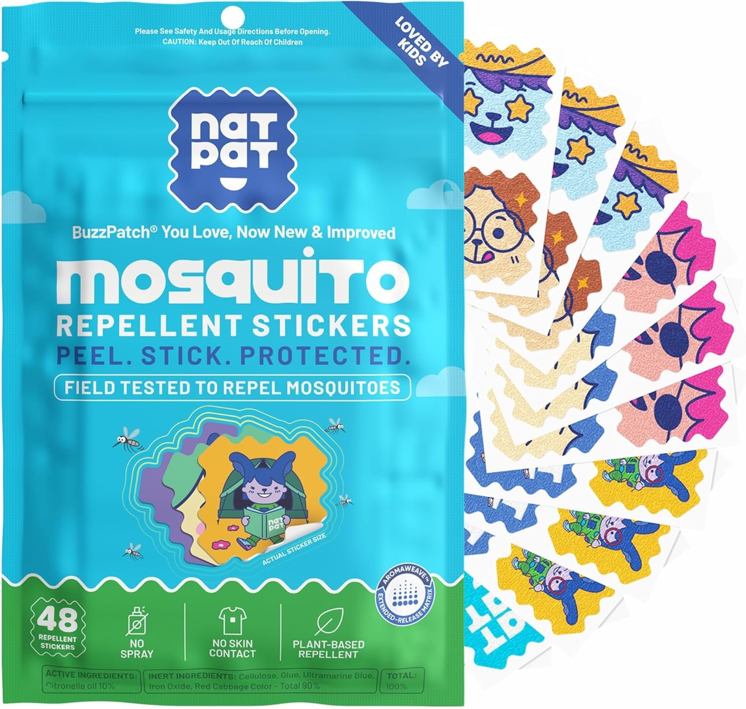 NATPAT Buzz Patch Mosquito Patch Stickers for Kids – Plant Based Ingredients, Non-Toxic – The Original All Natural Citronella Essential Oil Insect Patch, DEET Free, for Toddlers, Kids (48 Pack)