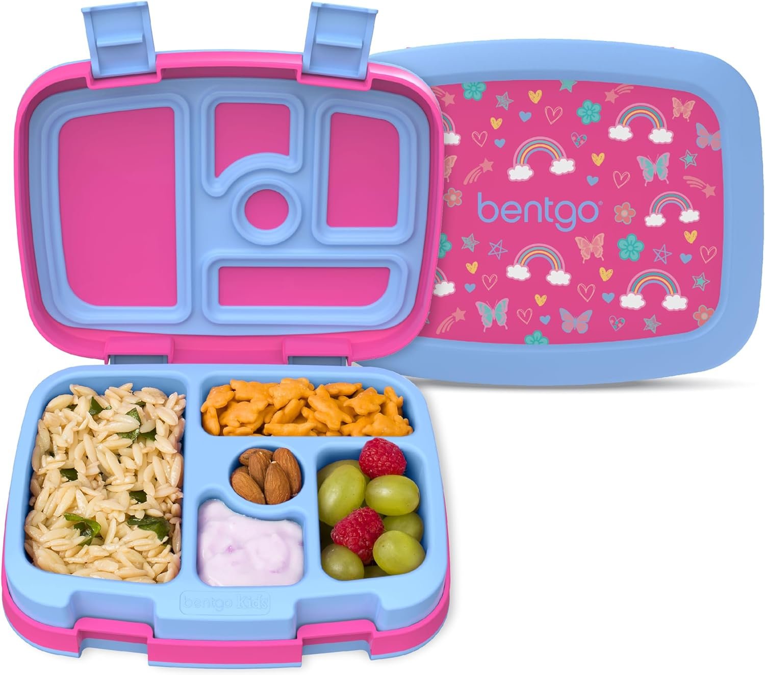 Bentgo Kids Prints Leak-Proof, 5-Compartment Bento-Style Kids Lunch Box – Ideal Portion Sizes for Ages 3-7, Durable, Drop-Proof, Dishwasher Safe, & PFAS & BPA-Free Materials (Rainbows & Butterflies)