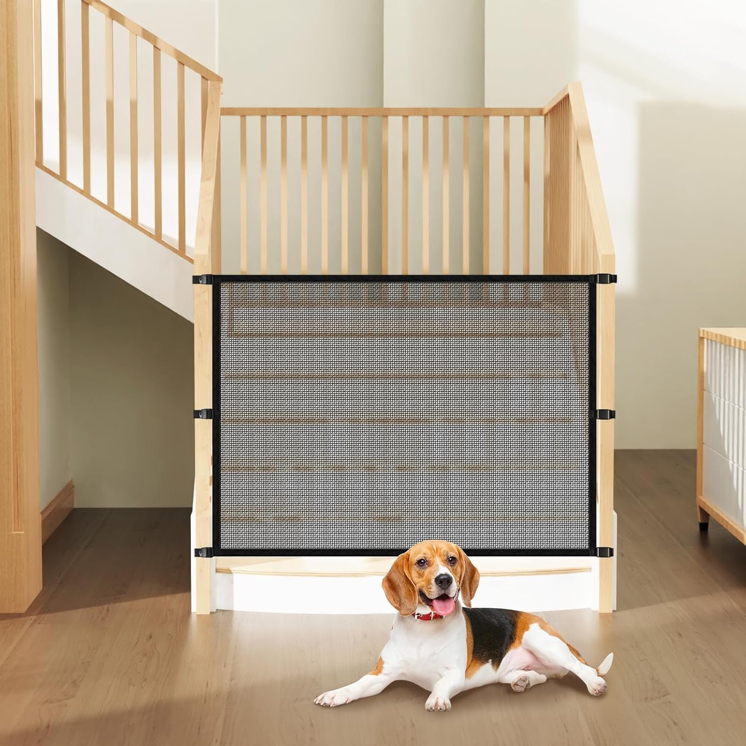 Dog Pet Mesh Gate Stairs – Baby Safety Barrier Gates for Stairway – No Drilling Puppy Gates for Indoor – Banister to Banister Baby Gates for Stairs