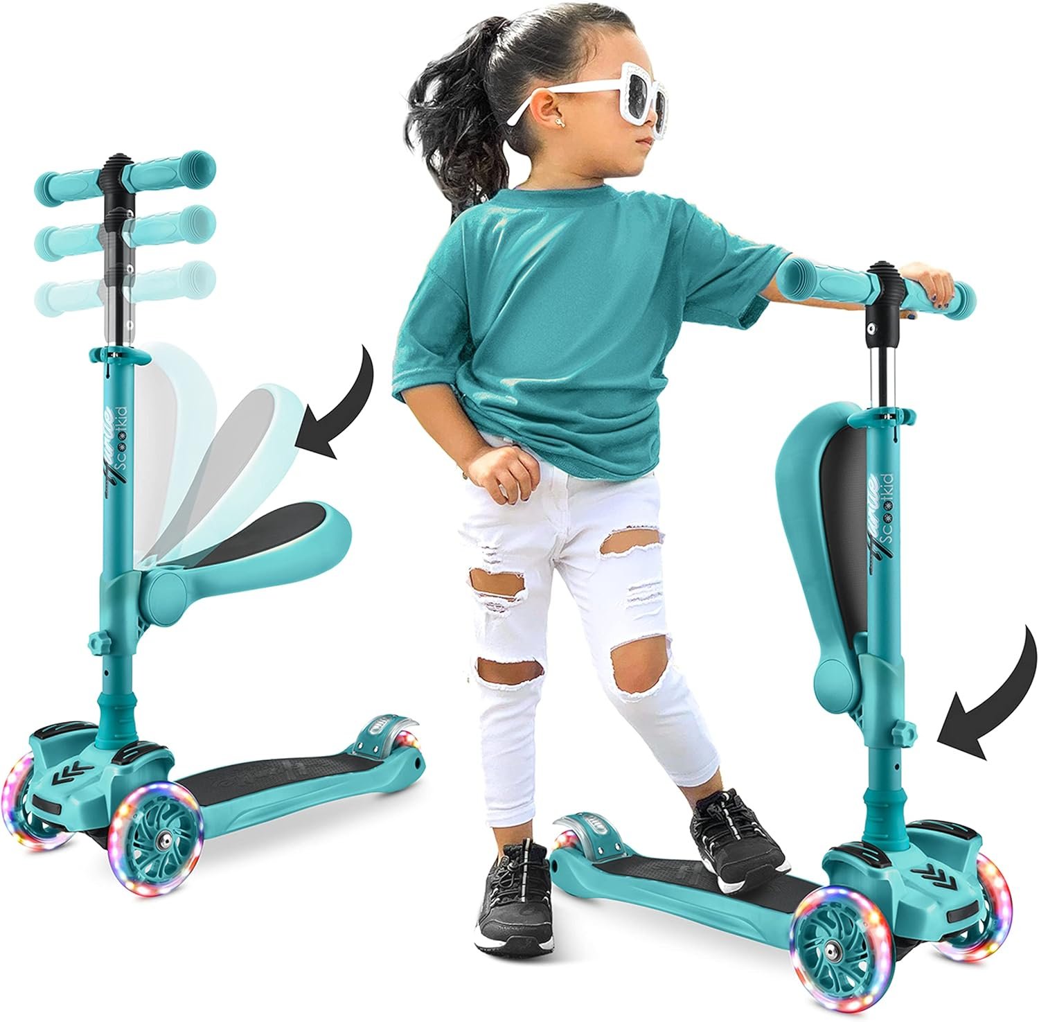 Hurtle 3-Wheeled Scooter for Kids – Wheel LED Lights, Adjustable Lean-to-Steer Handlebar, and Foldable Seat – Sit or Stand Ride with Brake for Boys and Girls Ages 1-14 Years Old