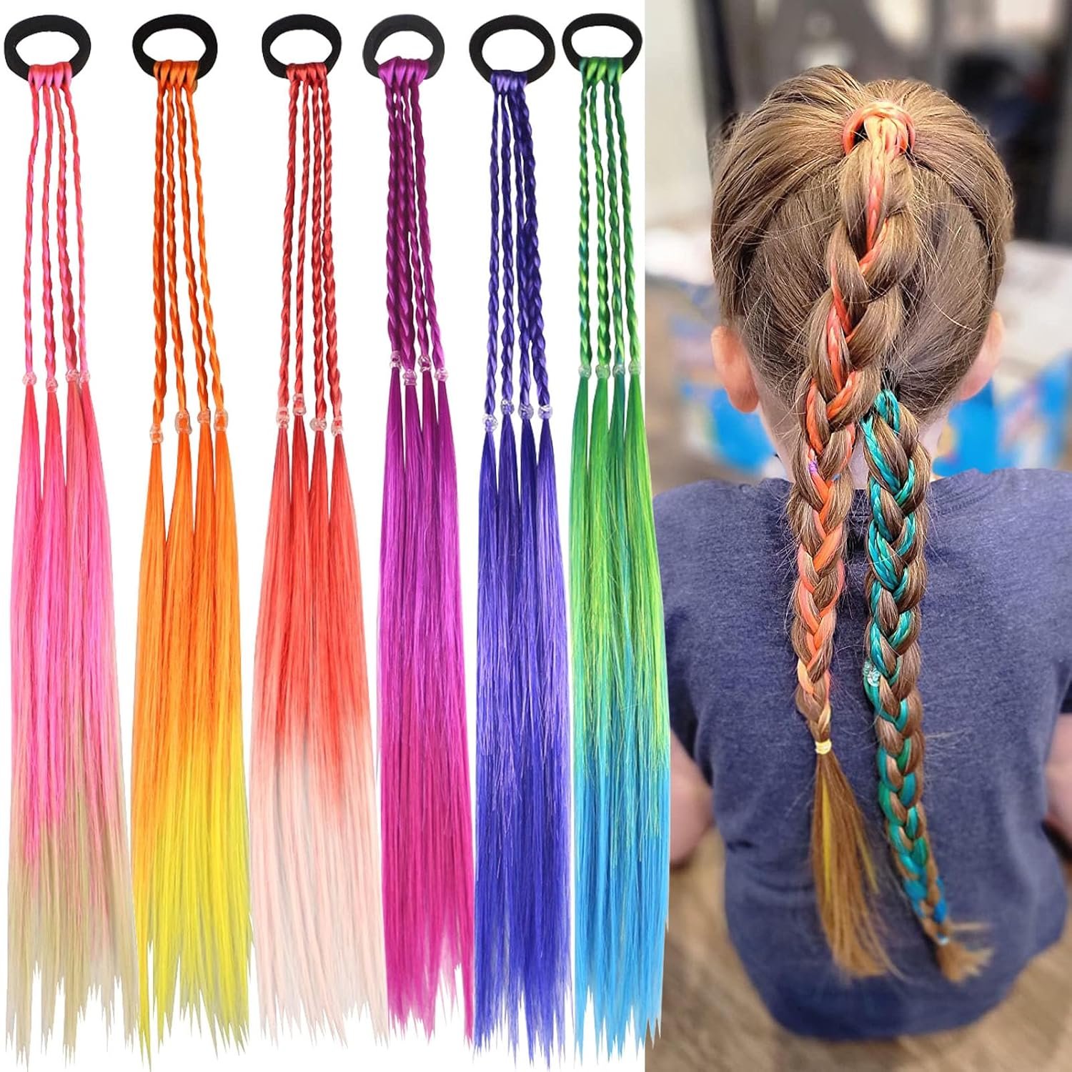 Girls’ rainbow braid hair extensions, children’s ponytail hair extensions, girls’ hair accessories, challenging braid hair extension styles, 6 crazy Japanese accessory headbands (6PCS Colorful Braids)