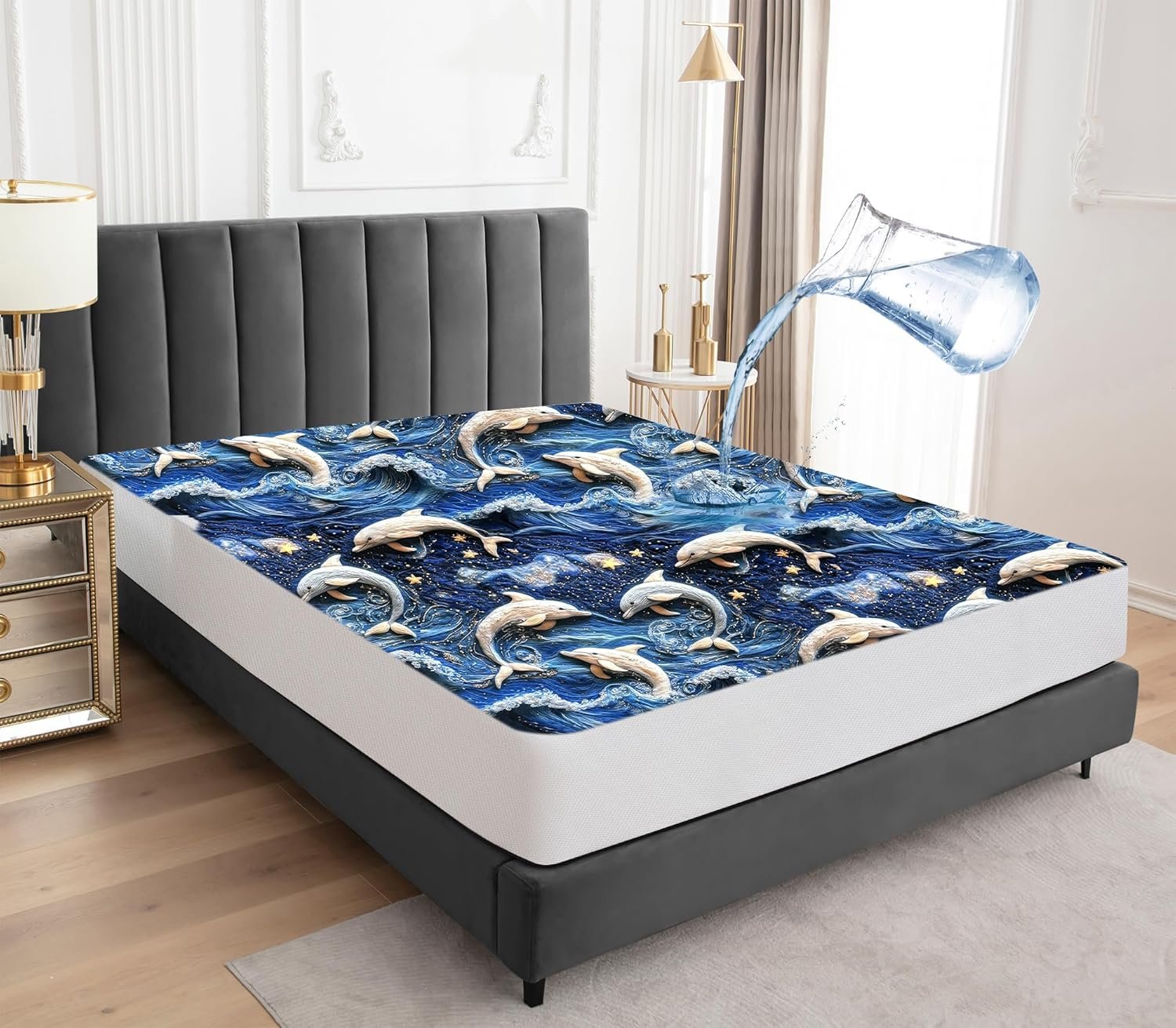 Sufdari Waterproof Mattress Protector, Mattress Cover Twin Size for Bed,18″ Deep Pocket Fitted Sheet Style Mattress Protector with Elastic Rubber Band-Dolphin,Twin