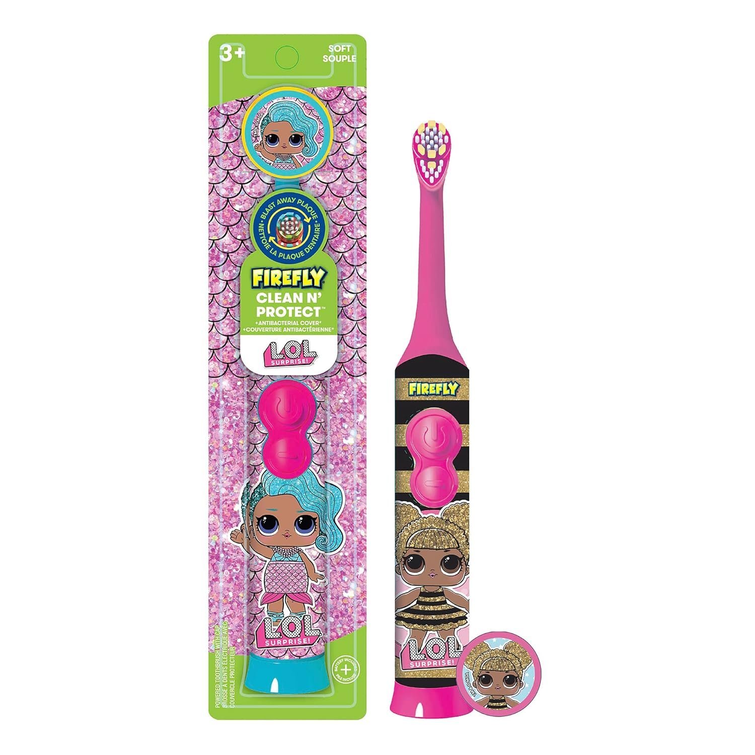 Firefly Clean N’ Protect, L.O.L. Surprise! Toothbrush with hygienic Character Cover, Soft Bristles, Anti-Slip Grip Handle, Battery Included, Ages 3+, 1 Count