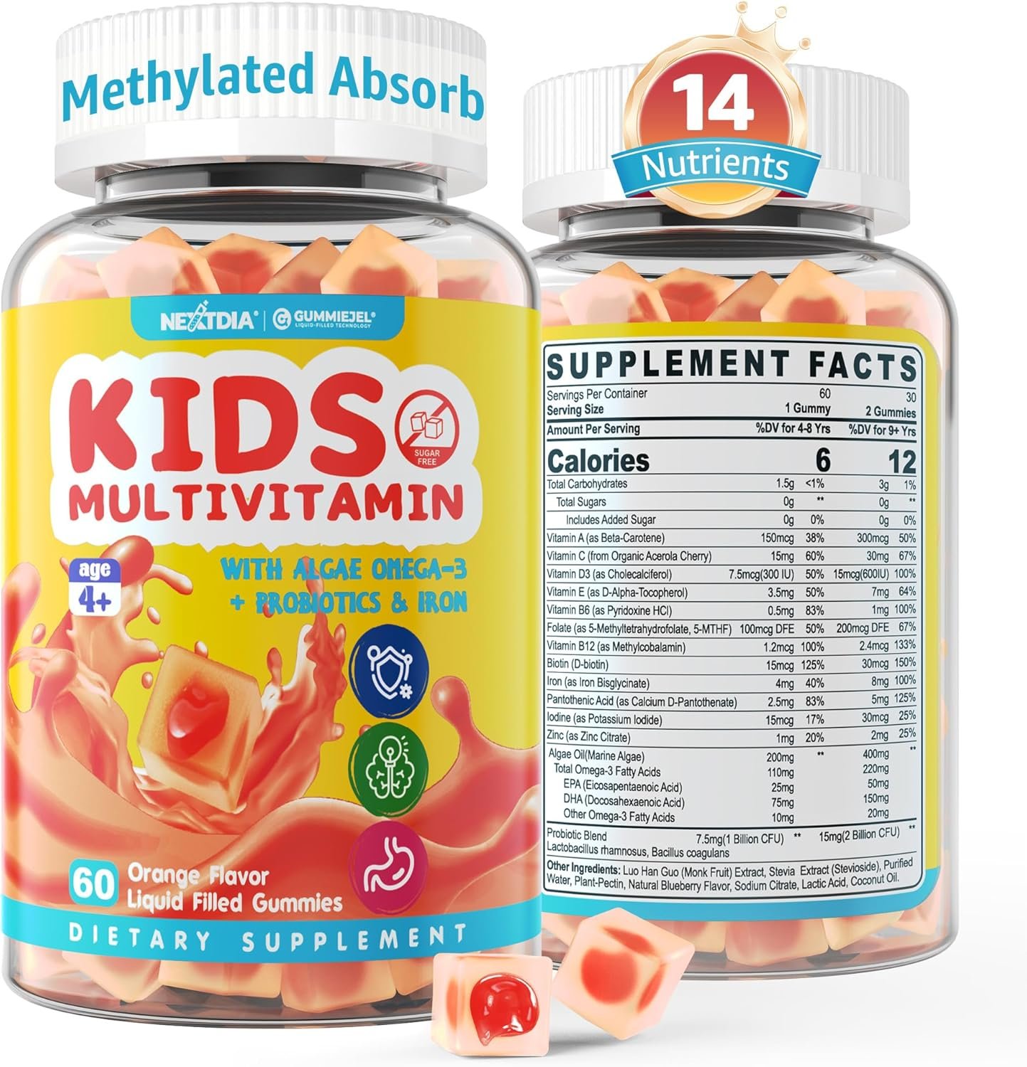 Kids Multivitamin Gummies with Iron, Sugar Free, Kids Daily Vitamins + Probiotics, Algae Omega 3 (EPA/DHA), A, C, D, Methyl B12, Folate, B6, Zinc, Biotin, for Healthy Growth, Immune Support, 60 Count