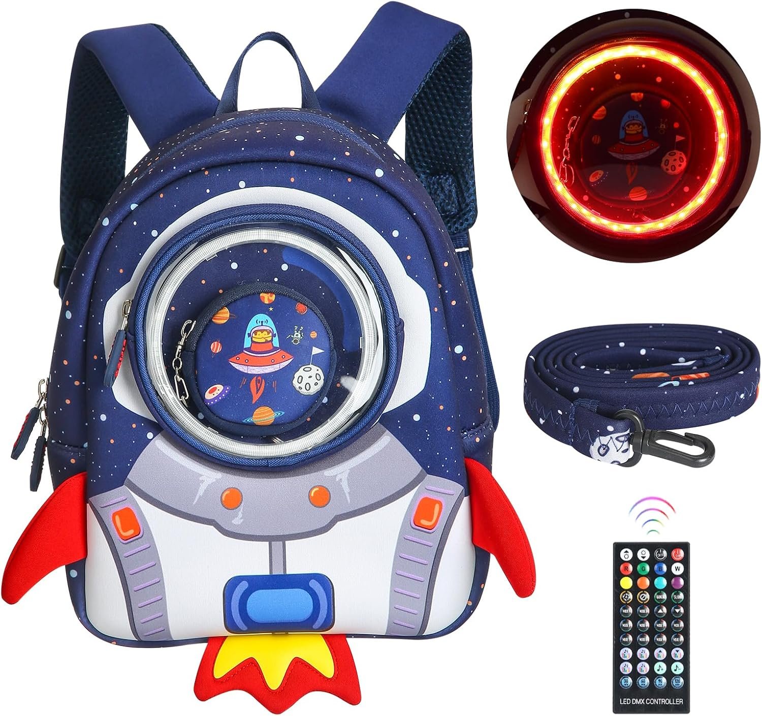 LED Lights Rocket Toddler Backpack with Harness Leash Kindergarten Nursery Bags Travel for Kids Baby Boys Girls