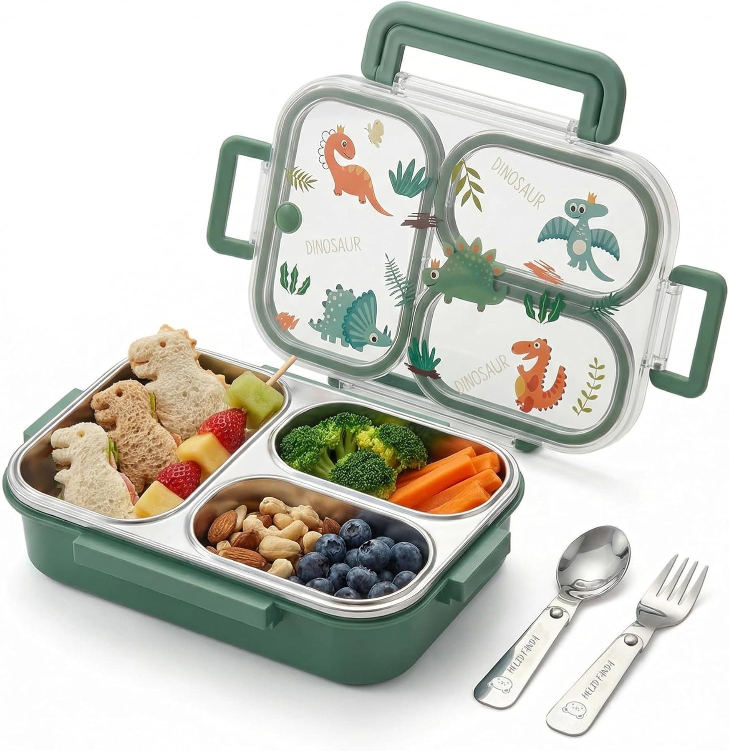 Microwavable 304 Stainless Steel Bento Box With Utensils, Metal Lunch Container With 3 Compartments, Leak Proof Lunch Box, Portable Concealed Handle, BPA Free, Dishwasher Safe [Dinosaur]