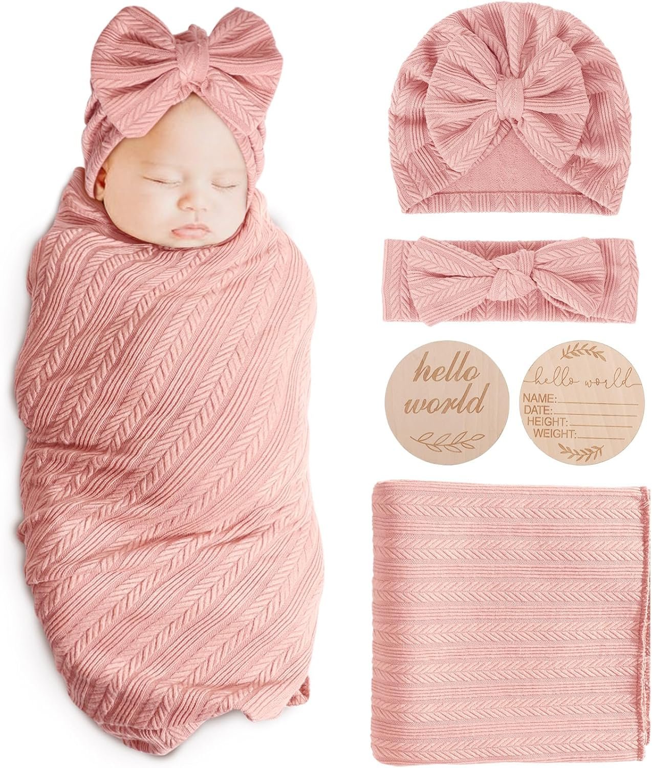 AQOKKA Newborn Receiving Blanket with Bow Hat Headband Wooden Card Set Wheat-Pattern Newborns Toddler Baby Boy Girl Nursery Swaddle Wrap