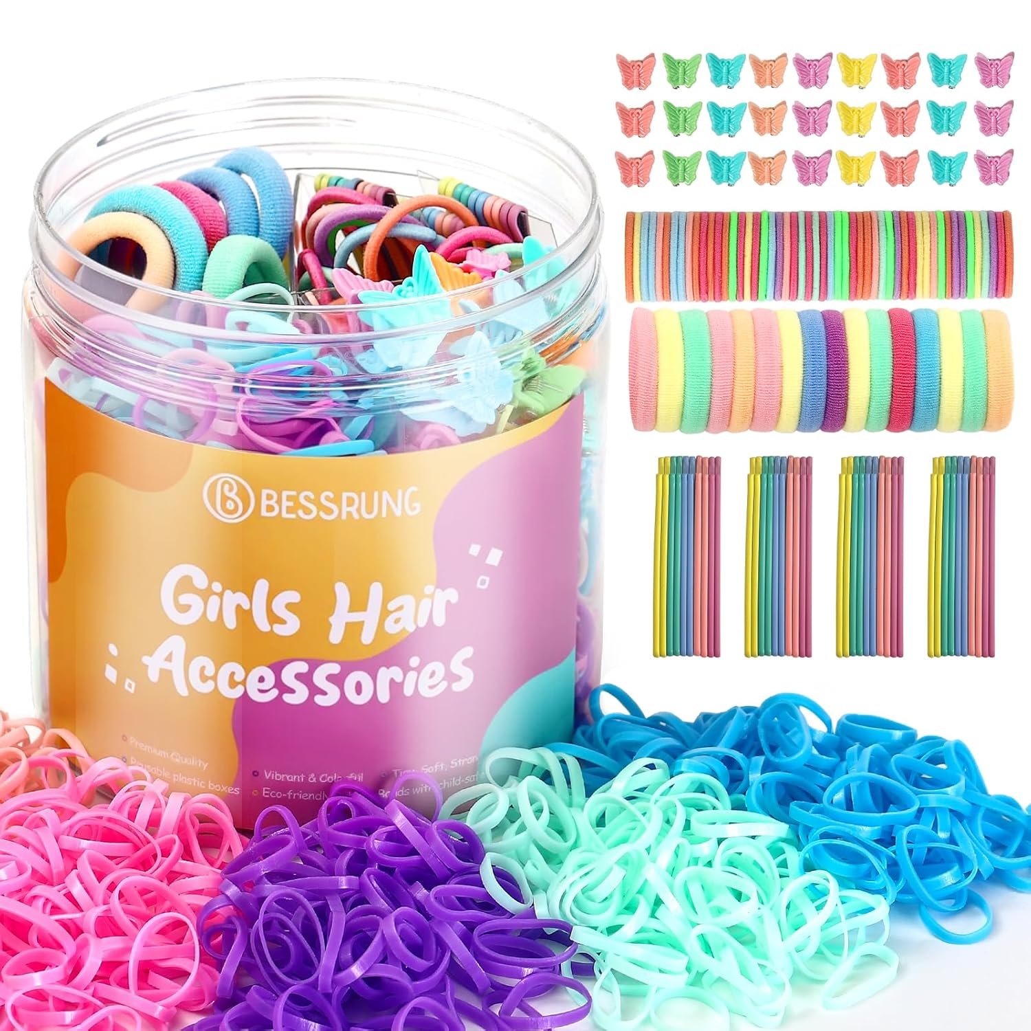 740 Pcs Girls Hair Accessories Set – 500P Colorful Toddler Elastic Hair Bands,150P Baby Hair Ties No Damage for Hair Ponytail Holders, 50P Butterfly Hair Clips, 40P No-Slip Bobby Pins