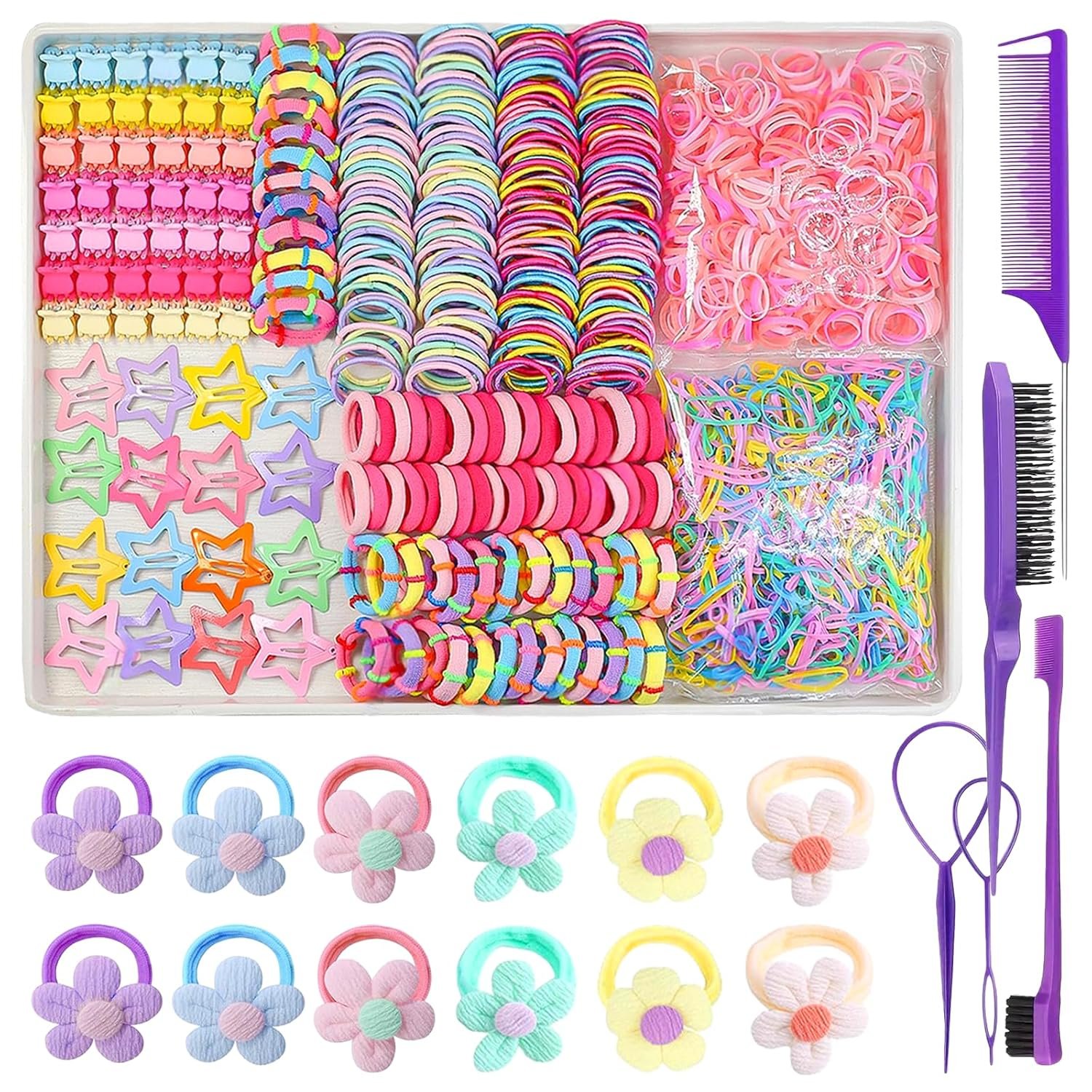 889 pcs Cute Girls Hair Ties Set Colorful Elastic Hair Bands Toddler Hair Accessories for Girls with 12 pcs Flower Hair Ties
