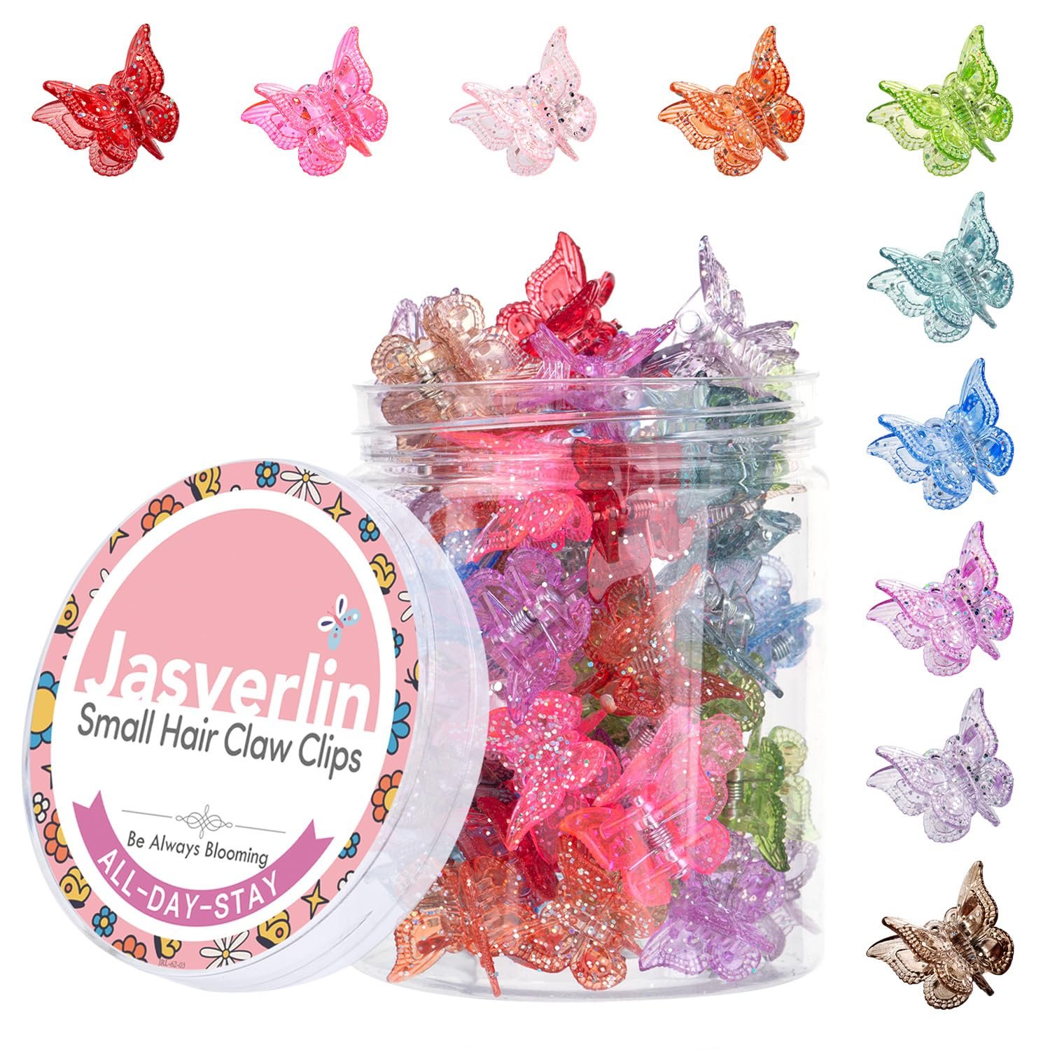 JASVERLIN Glitter Mini Butterfly Hair Claw Clips, Sparkly Colorful Hair Accessories for Girls and Women – 90s Y2K Cute, Small, Tiny Clip in 10 Assorted Colors, Set of 50 (Glitter)
