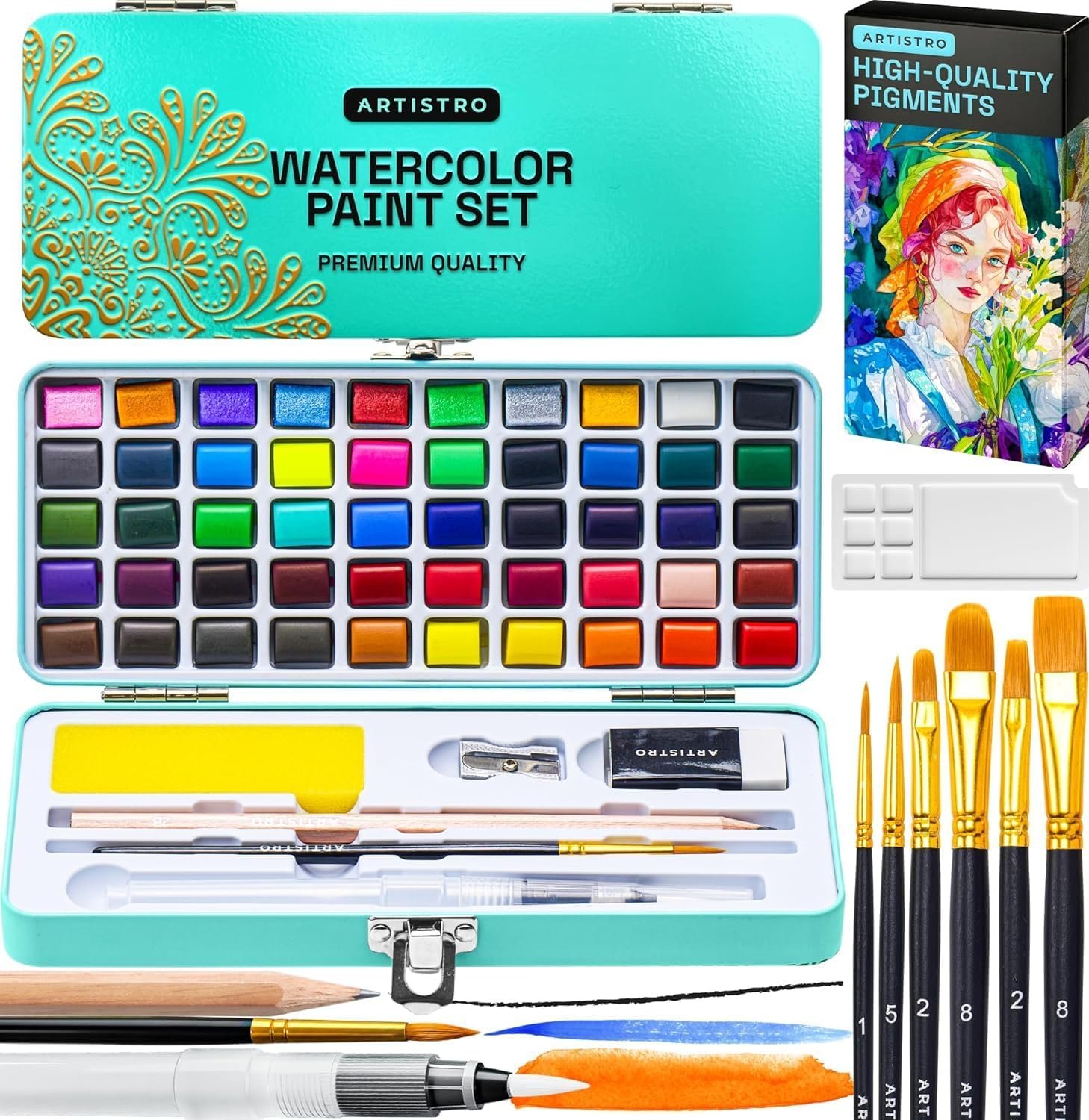 ARTISTRO 50 Color Watercolor Paint Set – Portable Paint Art Kit with Palette and Brush Pens – Travel Water Color Set for Adults, Professionals, Kids – Art and Painting Supplies – Gift Idea