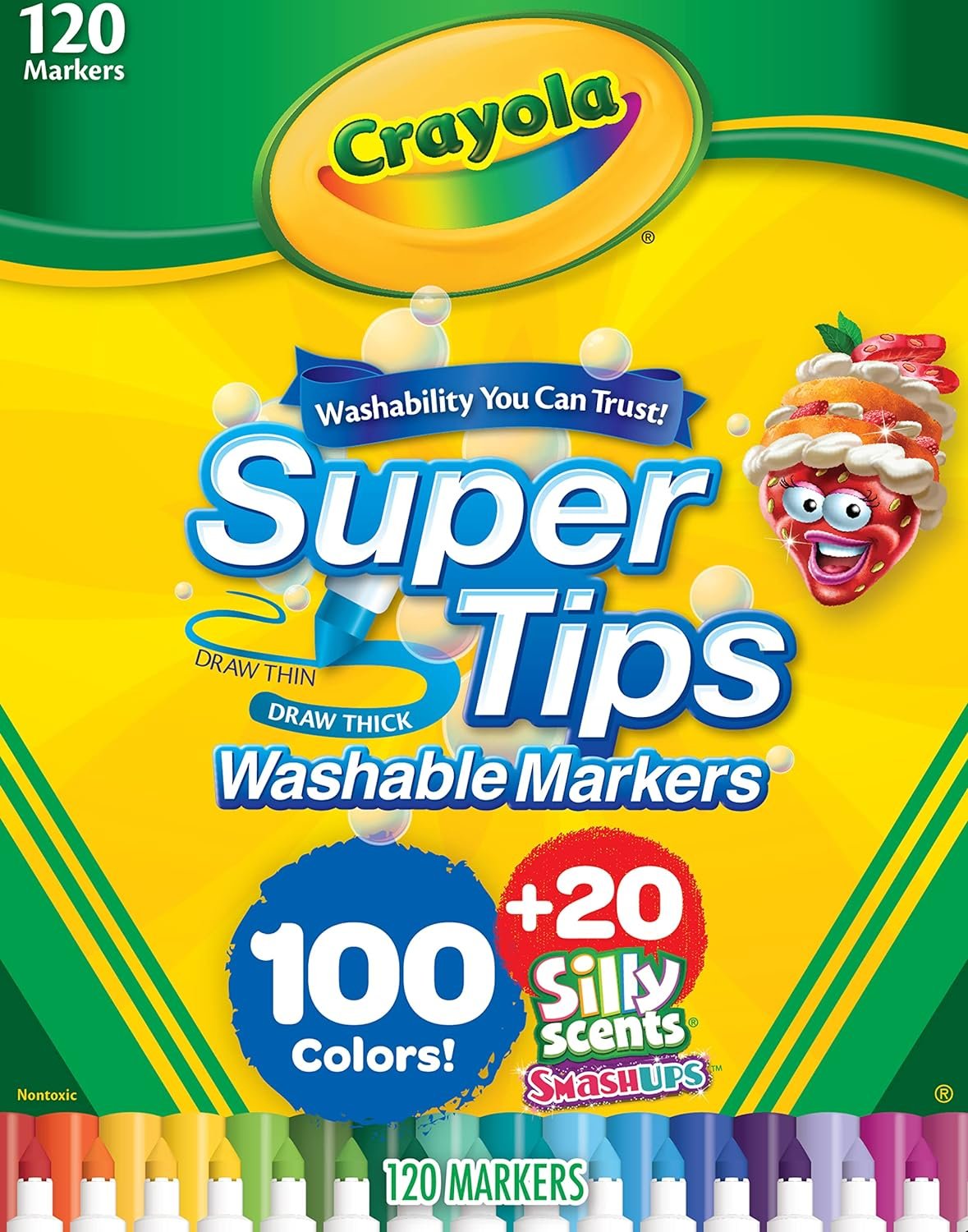 Crayola Super Tips & Silly Scents Washable Marker Set (120ct), Bulk Colored Markers for Coloring Books, Fine Tip, Conical, Water-Based Ink, Ideal for Kids’ Art Projects, Gifts
