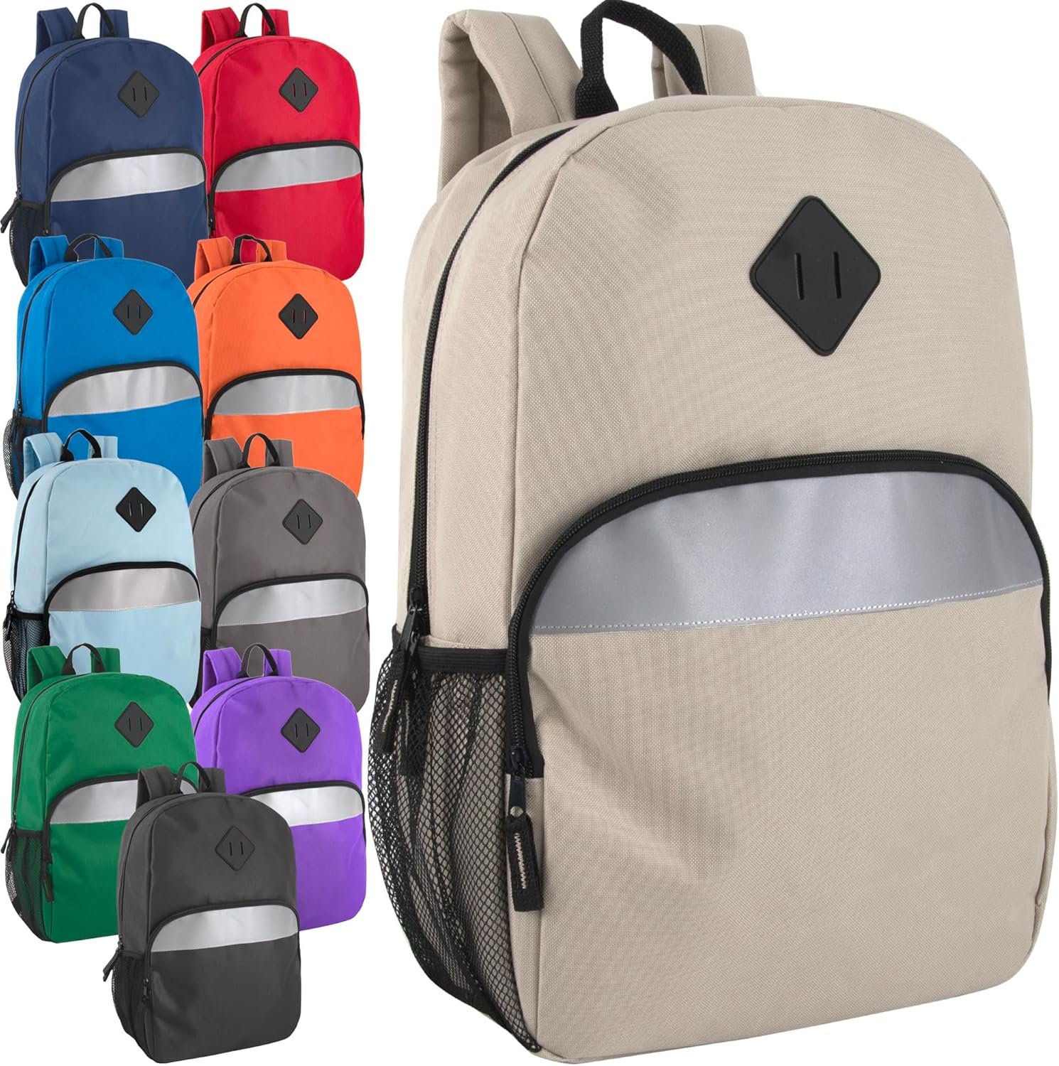 Trail maker Bulk Kids Reflective Backpack Wholesale 24 Pack Backpacks with Side Pockets, Padded (10 Colors Pack)