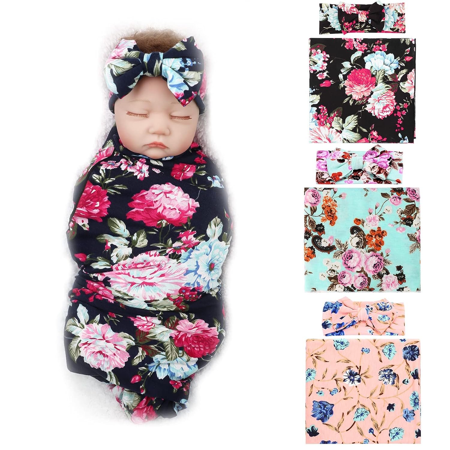 DRESHOW BQUBO Newborn Floral Receiving Blankets 3 Sets Newborn Baby Swaddling with Bow Headbands Sleepsack Toddler Warm Shower Gift
