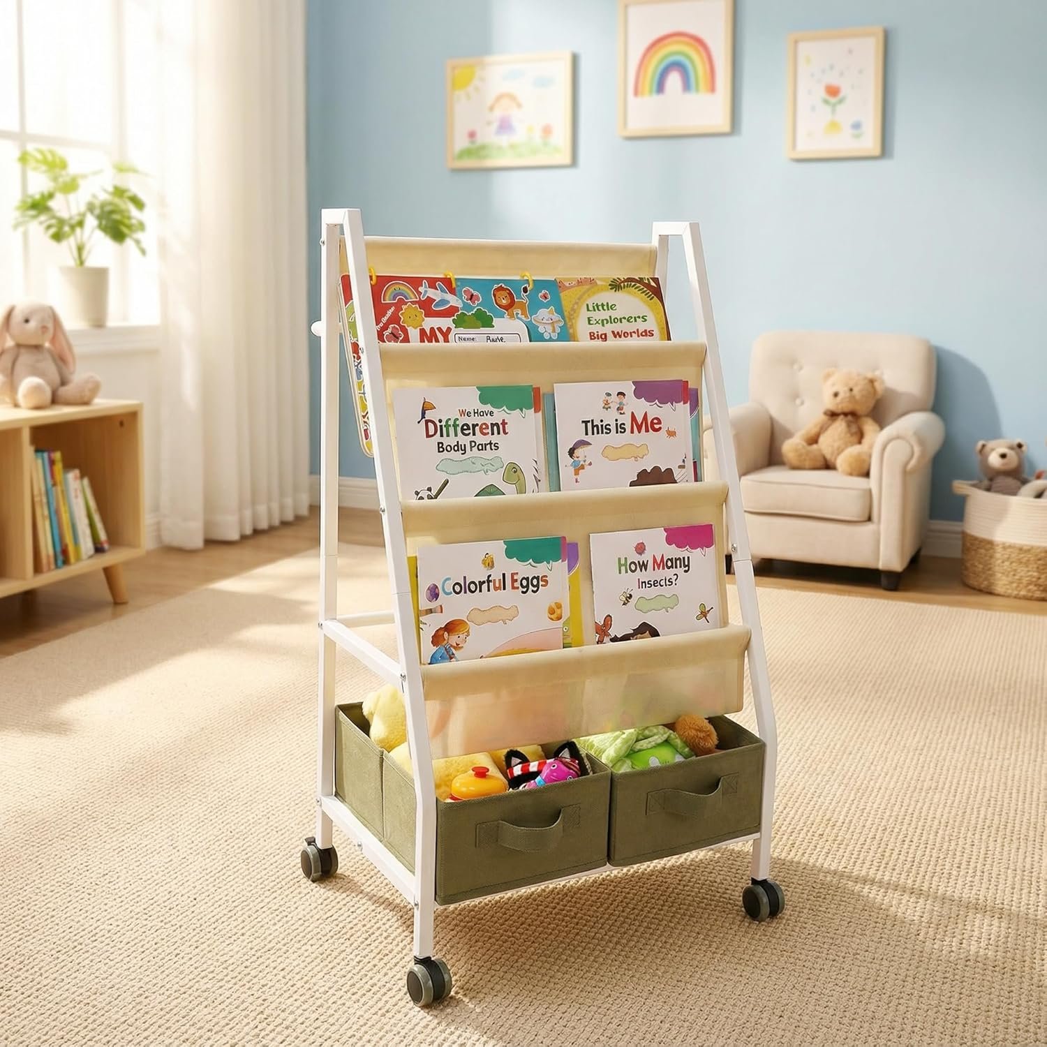 3-Tier Kids Bookshelf with Storage, Wheels & Handle, Montessori Sling Book Organizer for Toddlers, Easy-to-Move Book Shelf, Nursery Bedroom Bookshelf