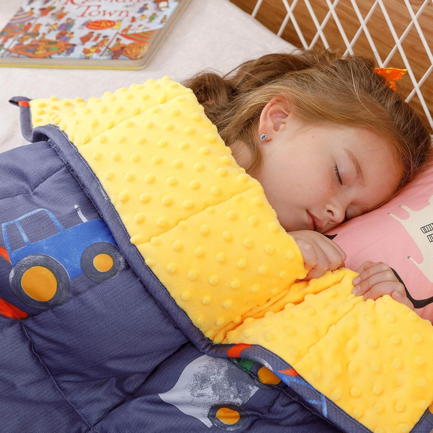 Uttermara Weighted Blanket 3 lbs, Ultra Cozy Minky Fleece and Cotton Sided with Cartoon Patterns, Reversible Heavy Blanket Great for Sleeping, 36×48 inches, Blue Car World
