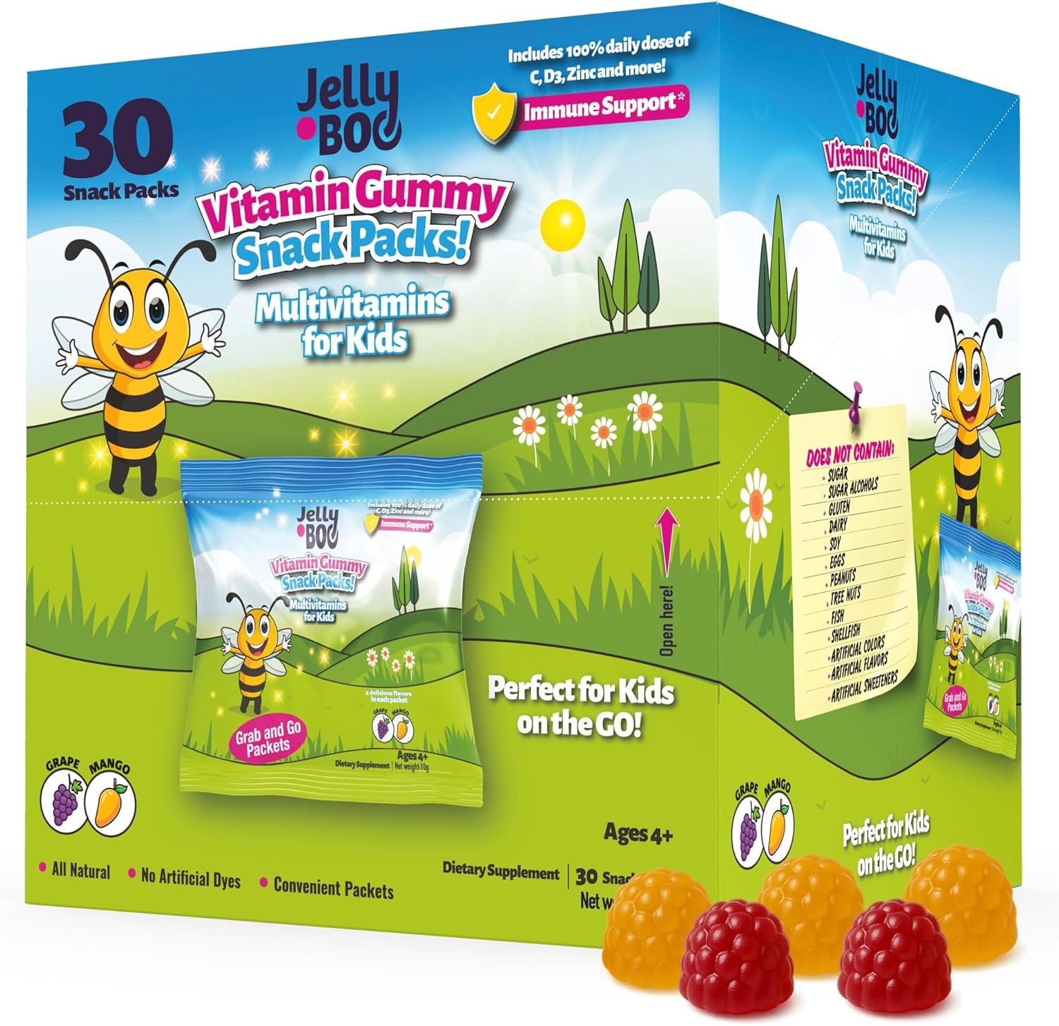 Kids Daily Multivitamin – Healthy Snacks For Kids – No Sugar, No Dyes, Monk Fruit Sweetened, Vegan, Gluten-Free- 100% Daily Value of Vitamins C, D3, Zinc – 30 Travel Lunch Packs of Sugar Free Gummies