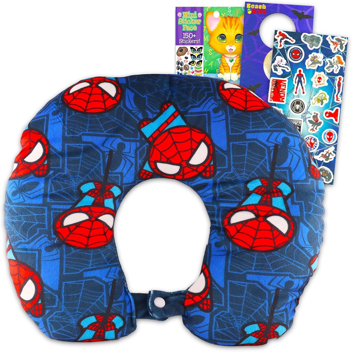 Marvel Spiderman Travel Neck Pillow for Kids- Bundle with 13″ Spiderman Neck Pillow, & More | Spiderman Travel Accessories Set
