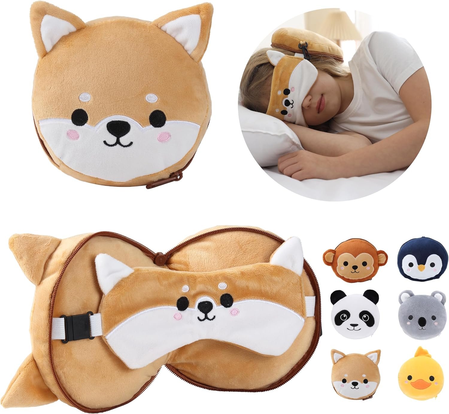 ecoZen Lifestyle Travel Pillow Set with Eye Mask – Comfort for Traveling Kids – Soft and Supportive Neck Pillow, Perfect for Plane, Car, or Train Journeys – Dog Design