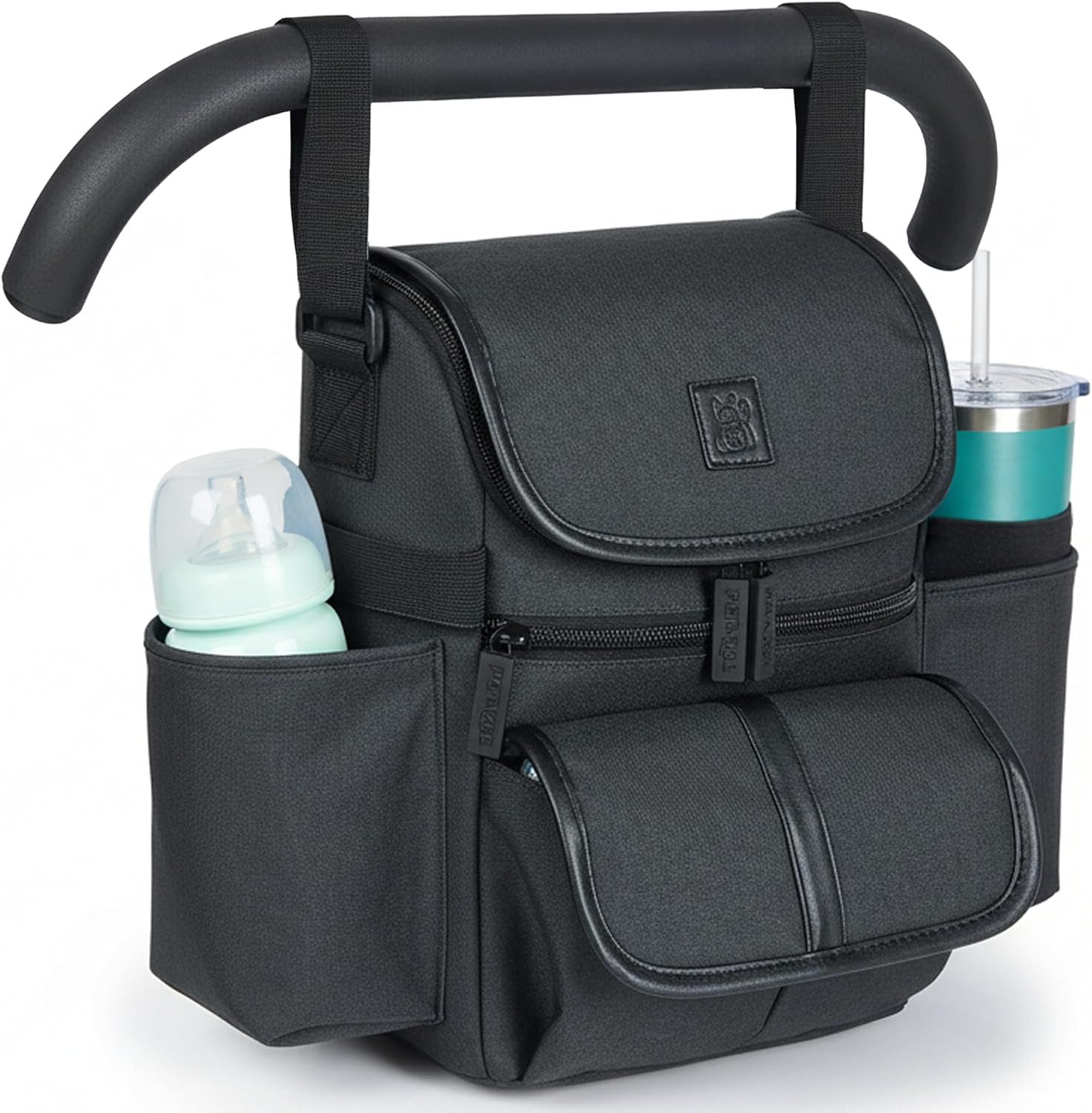 Universal Baby Stroller Organizer, Stroller Caddy , 2 Wide Cup Holders & Stability Bottle Straps, Adjustable Shoulder Strap, Fits 11″ Tablet, Magnetic Pocket, YKK Zippers & Mesh Pockets, Waterproof