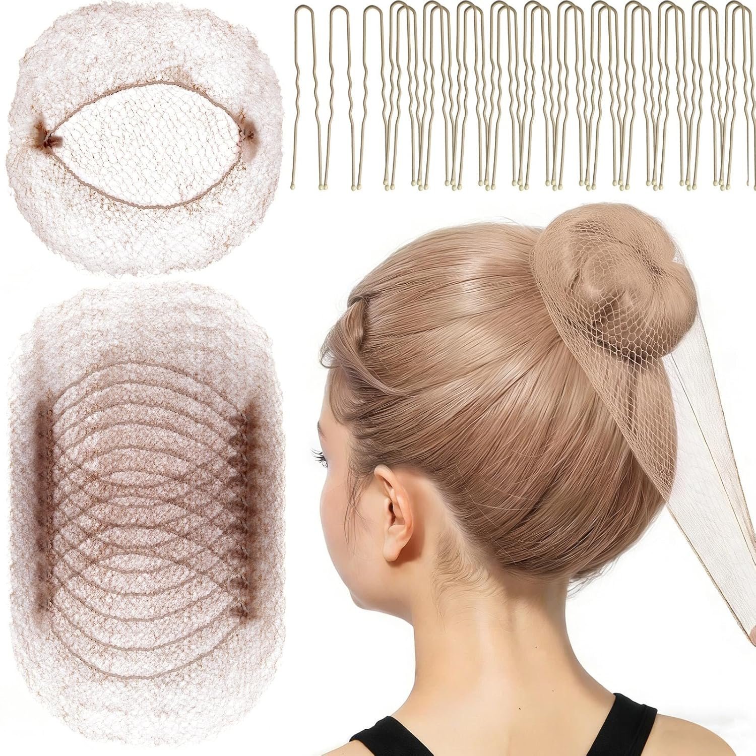 FANDAMEI Hair Net for Kids, Invisible Hair Nets 20PCS 30cm with 40PCS U Shaped Hair Pins, Hair Nets for Buns, Bun Hair Nets for Ballet Girls Hair Accessories Set for Women, Girls-Tan Brown