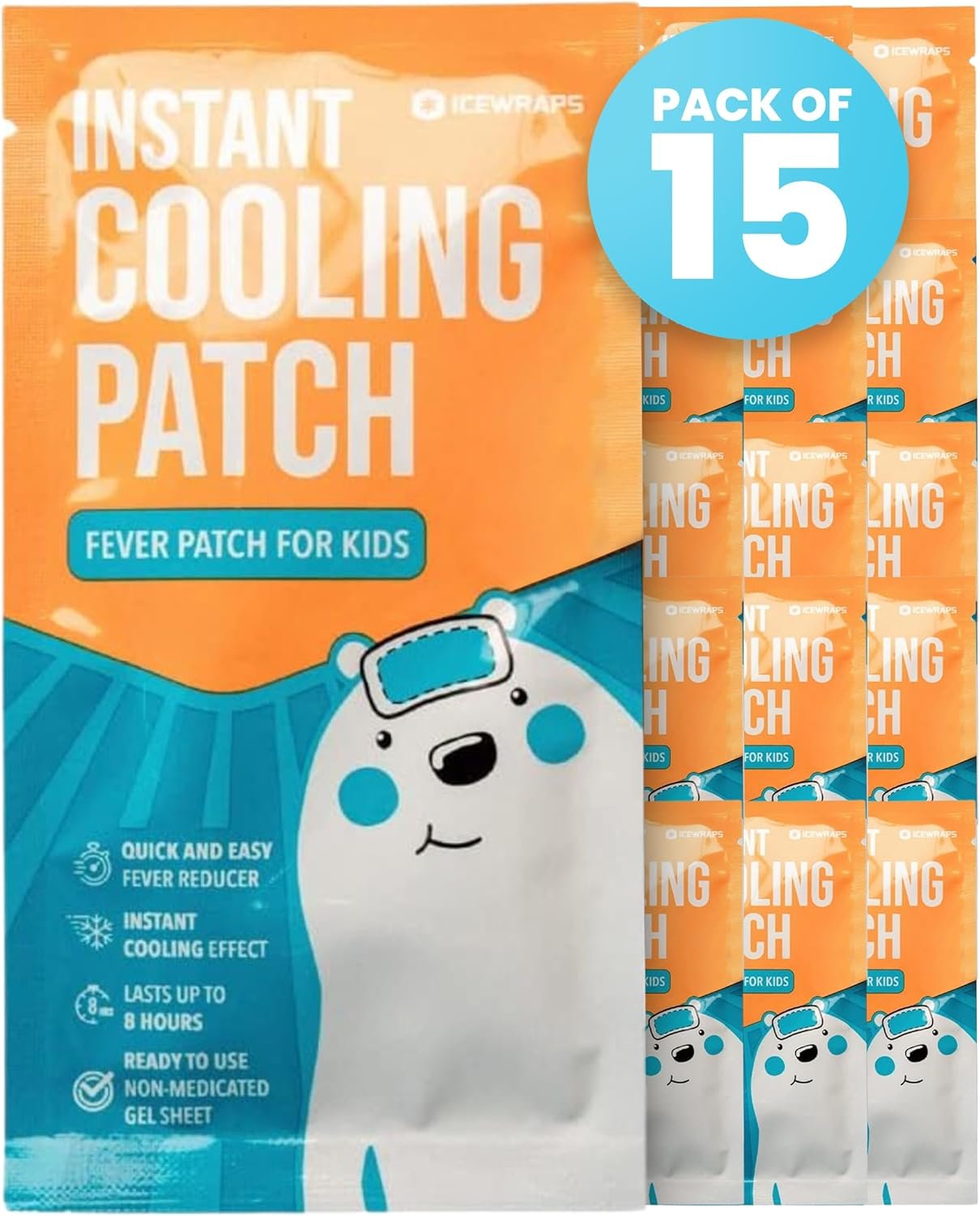ICEWRAPS Fever Patch for Kids & Adults, Cold Gel Sheets for Pain Relief, Comfort, Migraine, Headache & Fever, 15 Pack, FSA-HSA Eligible