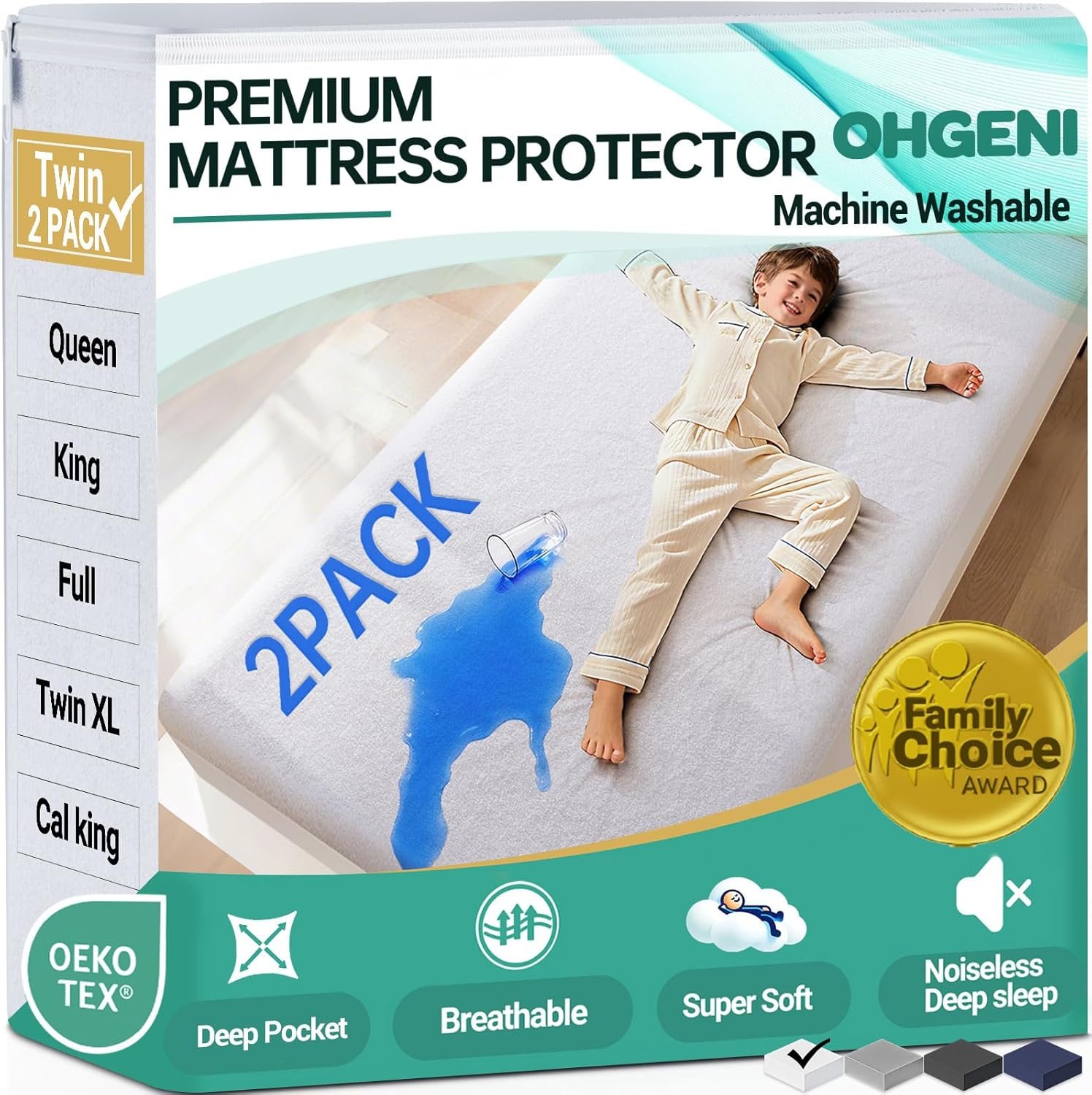 OhGeni 2 Pack Waterproof Mattress Protector, Twin Size Fitted Sheet with Deep Pocket, 6”-16” Washable Hypoallergenic Mattresses Cover,Noiseless Soft Mattress Pad,Kids’ Bedwetting,Pee & Dirt-Proof