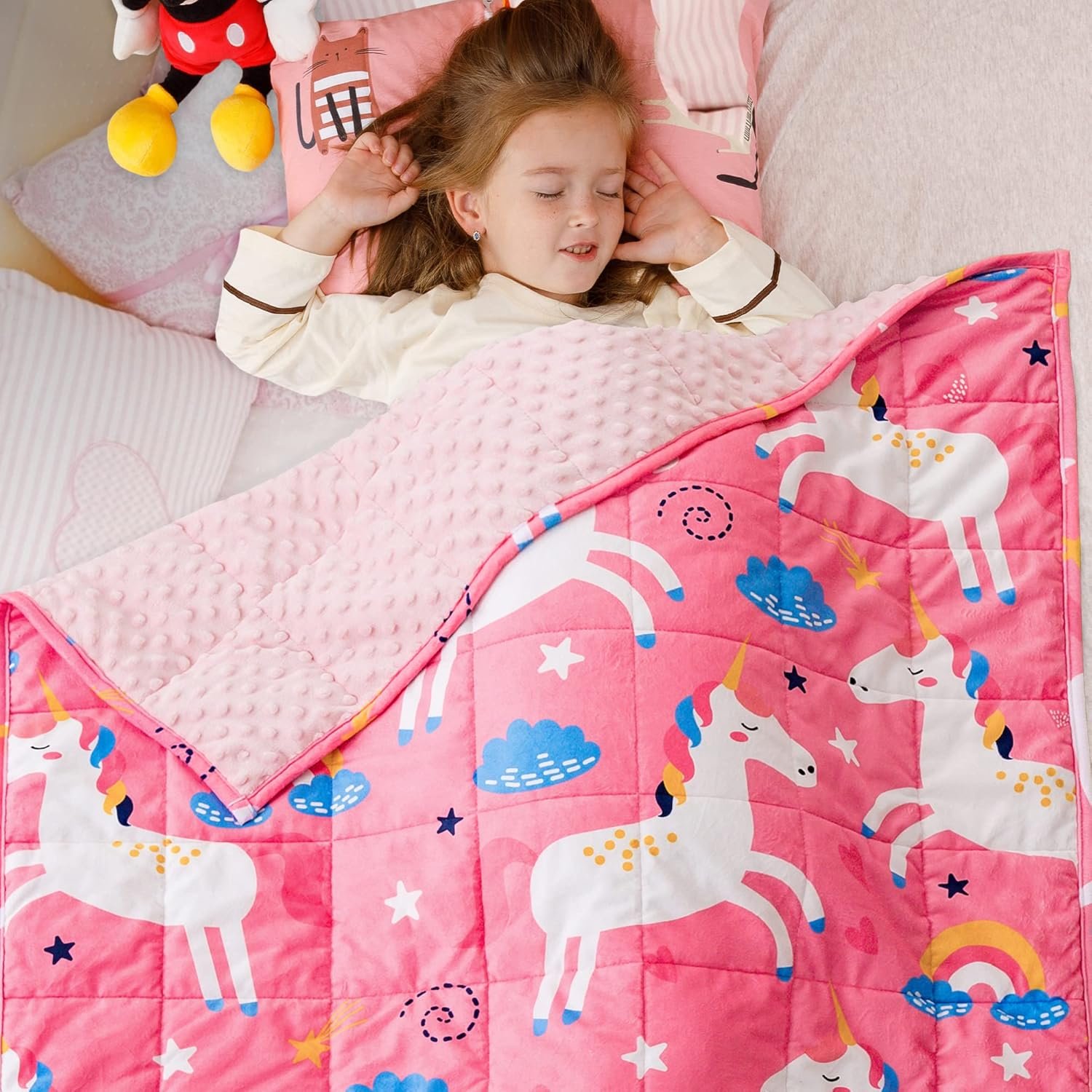 Sivio Minky Dotted Weighted Blanket 3lbs, Super Soft Crystal Velvet Reversible Heavy Blanket with Cute Cartoon Patterns, 36×48 Inch, Pink Unicorn