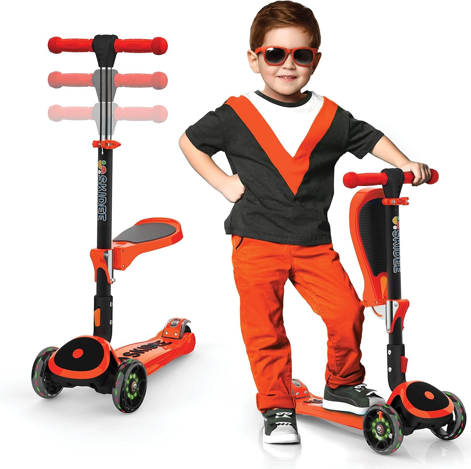 SKIDEE Kick Scooter for Kids Ages 3-5 | Foldable 3 Wheel Scooter with Lean-to-Steer, Adjustable Height, Removable Seat & LED Light Wheels | Toddler Scooter Up to 12 Year Old Boys/Girls