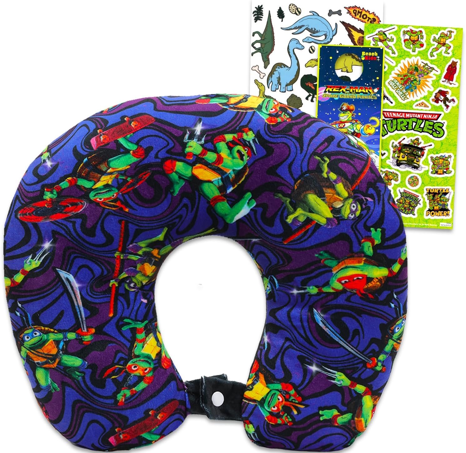 Teenage Mutant Ninja Turtles Travel Neck Pillow for Kids – Bundle with 13″ TMNT Neck Pillow, Tattoos, Stickers, More | Teenage Mutant Ninja Turtles Travel Accessories Set for Boys