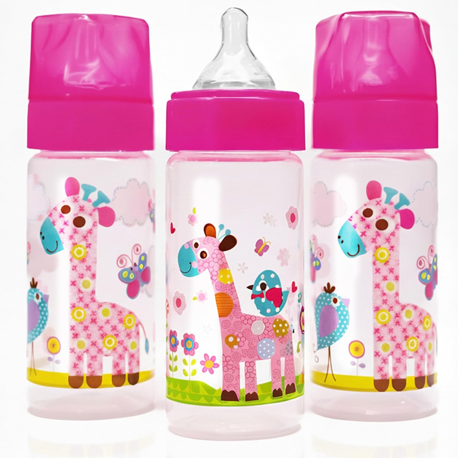 Avima 9 oz Anti Colic Baby Bottles for Breastfed Babies – Medium Flow Nipples, Wide Neck Bottle, BPA Free – 3-6 Months, Stage 2 (Set of 3) Pink Baby Bottles – Giraffes