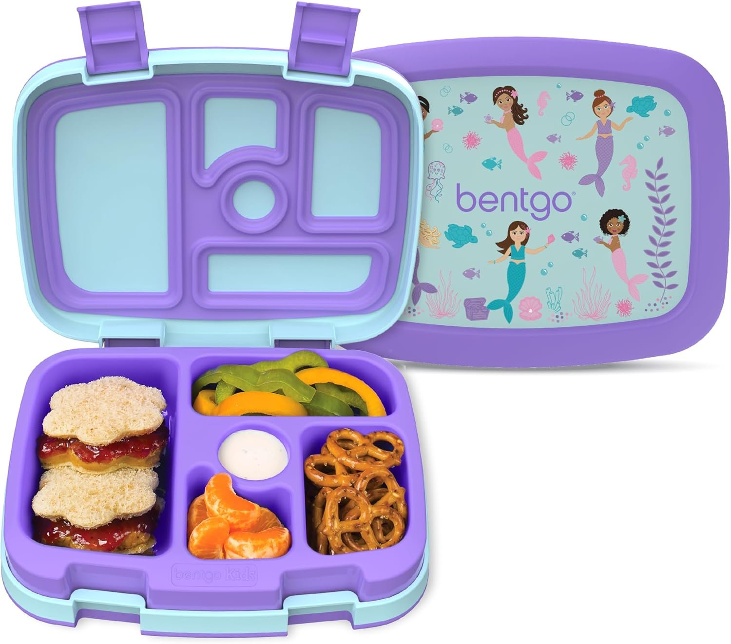 Bentgo Kids Prints Leak-Proof, 5-Compartment Bento-Style Kids Lunch Box – Ideal Portion Sizes for Ages 3-7, Durable, Drop-Proof, Dishwasher Safe, & PFAS & BPA-Free Materials (Mermaids in the Sea)