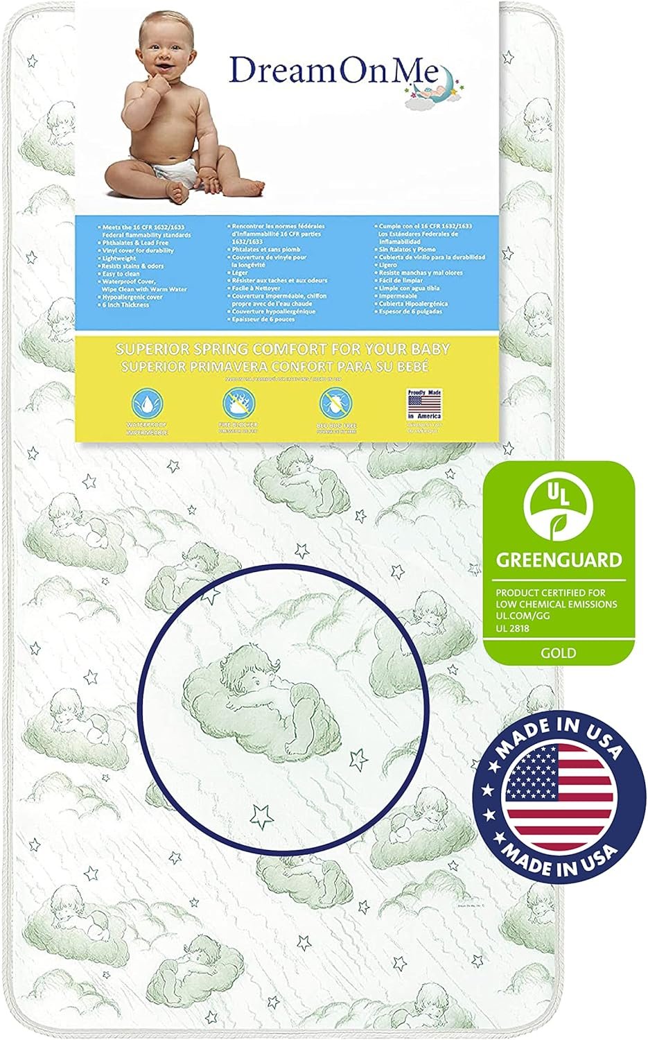 Dream On Me Nirvana Crib Mattress, Inner Spring Coil, Fits Standard Full-Size Cribs & Toddler Beds, Reversible Design, Waterproof Vinyl Cover, GREENGUARD Gold & BSA Certified, 52″ x 27″ x 6″