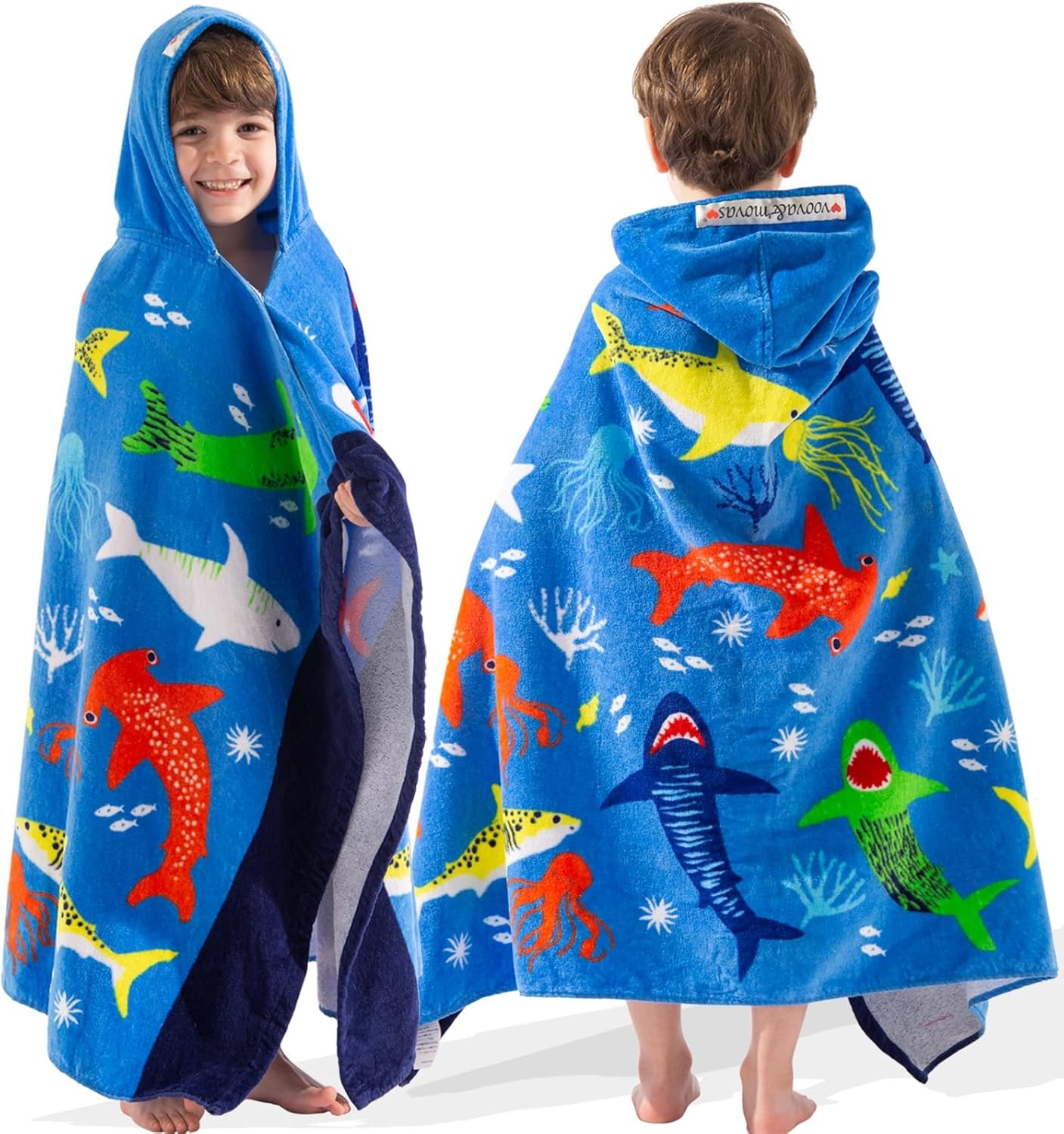 VOOVA & MOVAS Hooded Towel for Toddlers 3-8 Years,30”X50”,Soft | Thick | Cotton | Absorbent | Large Beach | Pool | Bath | Swim Towels | Cover up for Boys, Shark Fish